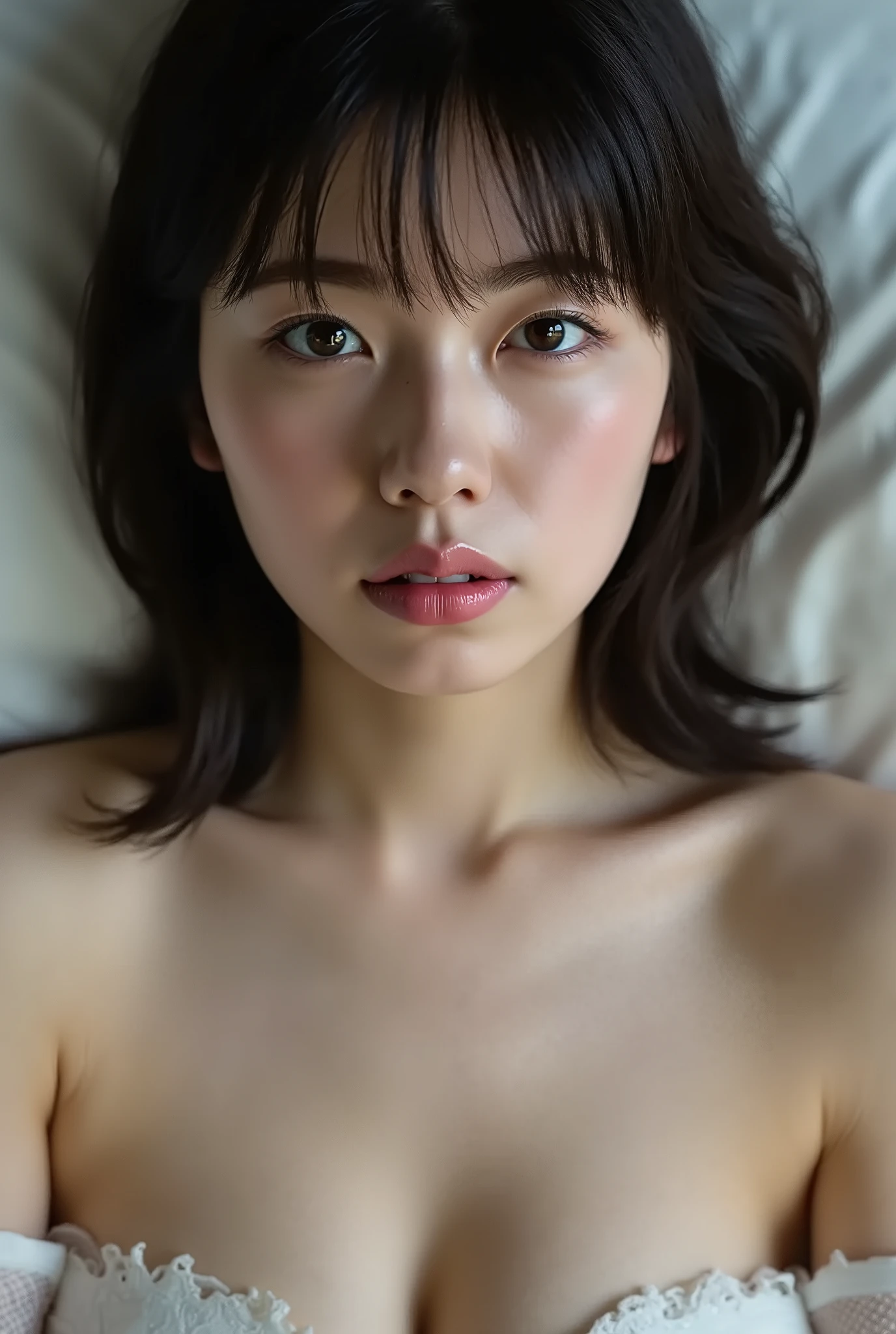 (8k、RAW Photos、Highest quality、masterpiece:1.2)、(Realistic、Realistic)、((Very flat chest、night、moonlight:1.3))、((naked、Nipples、pubic hair))、1 girl、((get up、After sexual、morning、morning日が差し込む、 Hotel Bedroom、Sleep on your back、Bathrobes、smile))、cute
