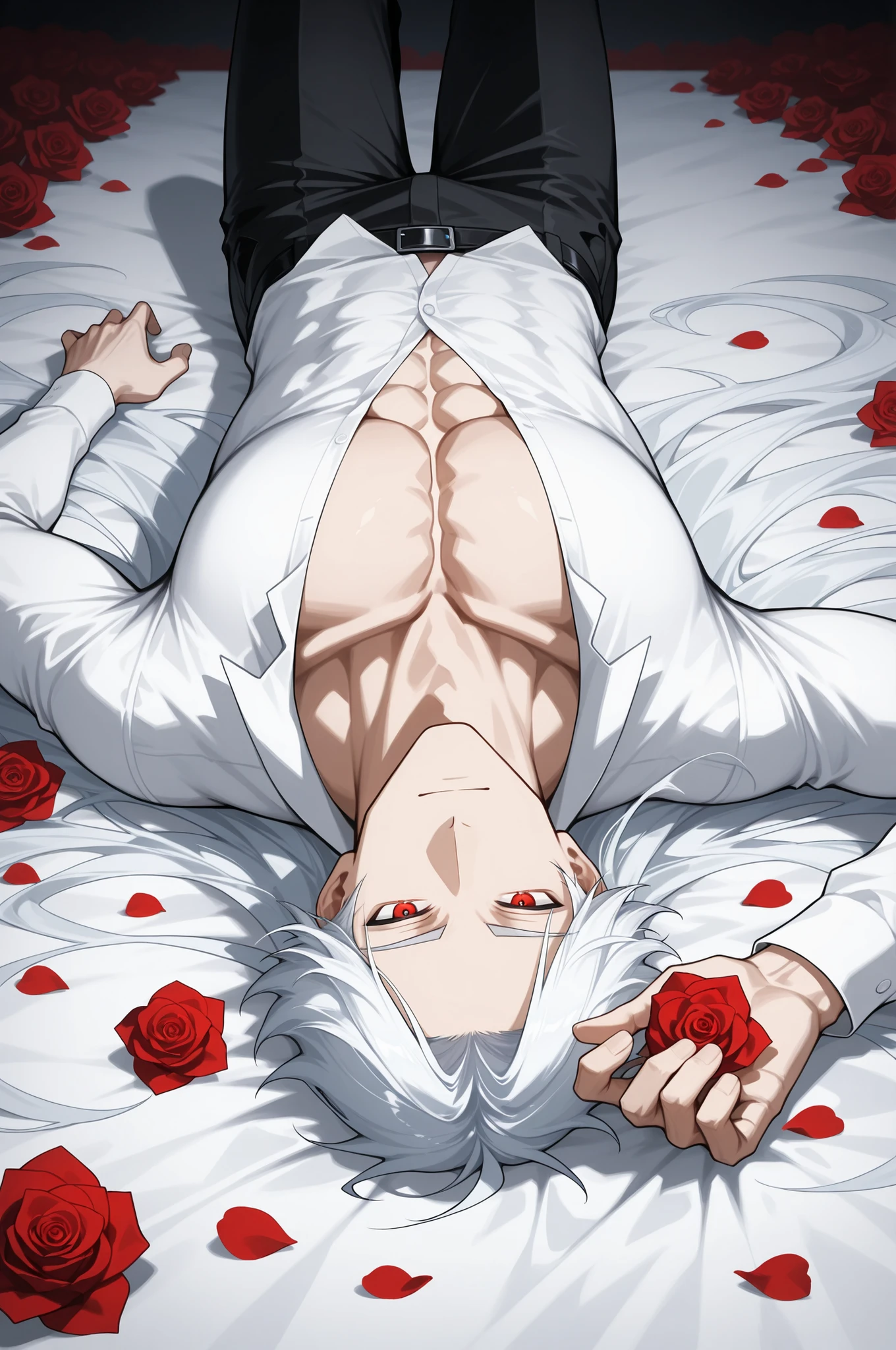 masterpiece, best quality, newest, very awa, absurdres, highres, white hair, long hair, 1boy, (bara:0.5), male focus, sfw, roses, petals, solo, white shirt, shirt, on back, red eyes, closed_mouth, lying, long sleeves, red rose, pants, looking at viewer, black pants, very long hair, white eyes, open_clothes, very long shot,