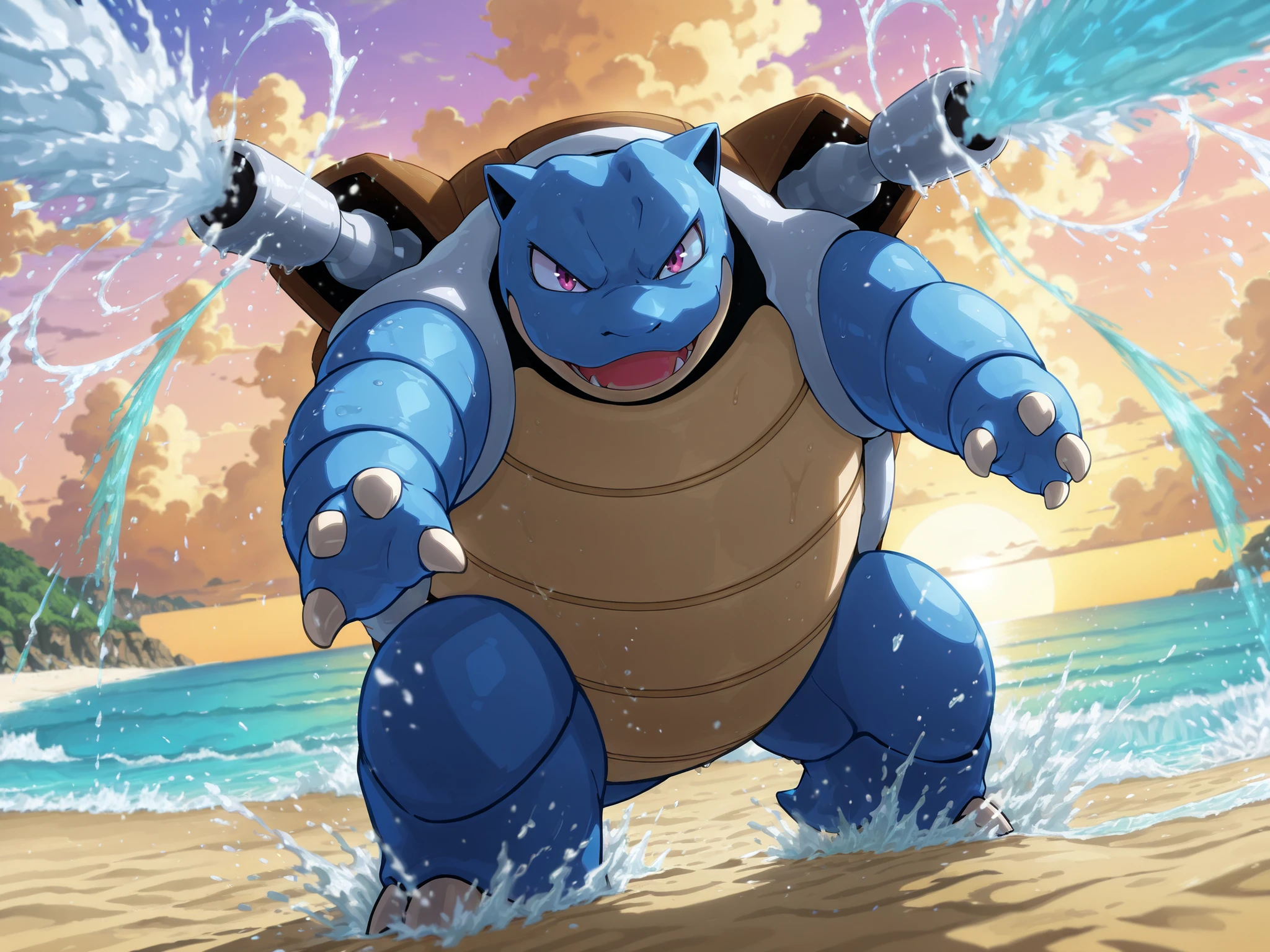 high quality, masterpiece, ultra highres (zzblastoise:1.4), background, front view, left side of frame, large imposing pokemon, dark blue armored shell, twin water cannons extended, cannons pointing forward, firing powerful water streams forward, dynamic action pose, 1 girl, foreground, front cowboy shot, white long flowing hair, purple eyes, endowed build, wearing bikini swimsuit, holding large super soaker water gun, panicked expression, running toward viewer, wet skin, dramatic water effects, high-pressure water jets shooting at girl, splashing water particles, spray mist effects, dynamic water motion blur, water droplets catching light, beach environment, wet sand, scattered palm trees, ocean waves background, summer afternoon lighting, dramatic clouds, cinematic composition, action scene lighting, motion blur, sharp detailed textures, vivid colors, animated style render,