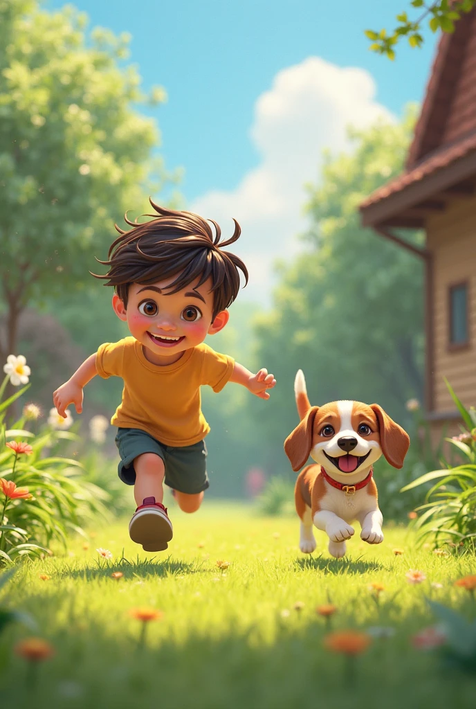 Pixar style image of a light brown boy playing with a white golden retriever dog, the boy has blue shorts, The boy has an orange shirt