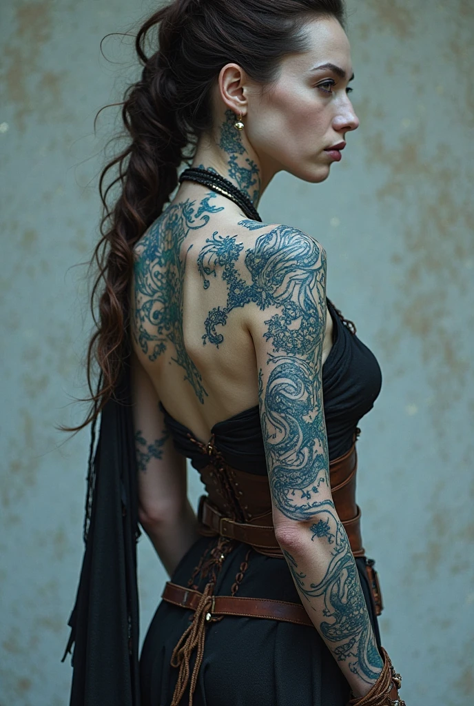 arafé, Dark art fantastique, art fantastique, art gothique, a picture of a tattoo on le back of a female elf, un tatouage brillant d&#39;un ((rose blanche: 1.3)) on le elf's back, le ((Tatouage de roses)) est vif, intricate detailed coming to life from le ink to real life, GlowingRunesAI_violet, ((fire surrounds le rose petals: 1.5)), shoot taken from le back, ((le back is visible: 1.3), elle porte une robe noire transparente, le dress is elegant, écoulement, style elfique, that le tattoos glow, couleur de cheveux dynamique, coiffure dynamique, intéresser,, peinture numérique