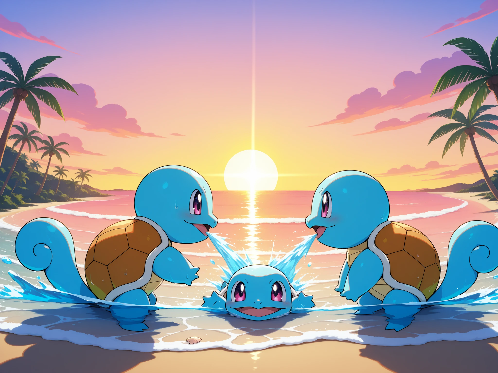 high quality, masterpiece, ultra highres (zzsquirtle:1.4), multiple zzsquirtle, group of 3, (playful expressions:1.2), bright happy eyes, wide smiles, spitting high pressure water streams at each other, playing together, cheerful interaction, water jets crossing in air, splashing effects, clear water streams, sparkling droplets, water particle effects, shallow water puddles, dynamic water motion, beach setting, wet sand, small rocks, scattered seashells, palm trees distant background, clear sunny sky, puffy clouds, bright natural daylight, vivid colors, sharp details, animation style, (cartoon render:1.2), clear lighting, dynamic camera angle, professional composition