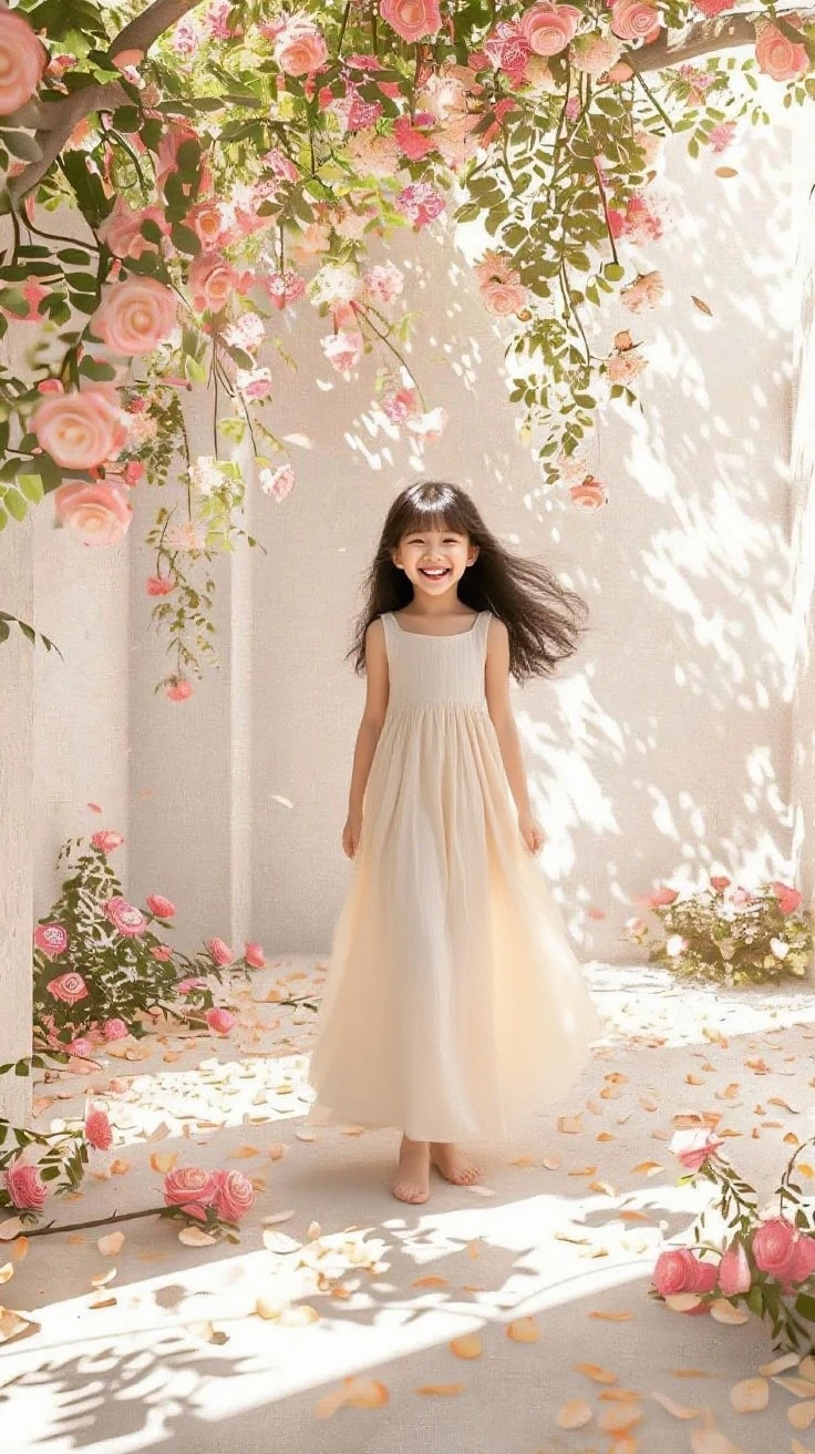 retrato realista, 3D a little girl is ((correndo)), (((solo))), telegram sticker, creating a soft, long dress female, video animation, girl afro- futurista brown hair, close-up afeições faciais detalhadas, freedom, profile image, standing confidently, she is the center of the garden, smiling face, listing image, 8k, dreams