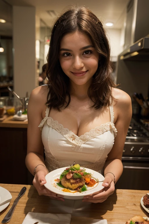 ((best quality)), ((masterpiece)), (detailed), perfect face super detailed face super big red lips super pumped lips kitchan making salad tight red dress silk dress deepest cleavage , healthy salad healthy food eaten chicken big breast , sexy buttock
