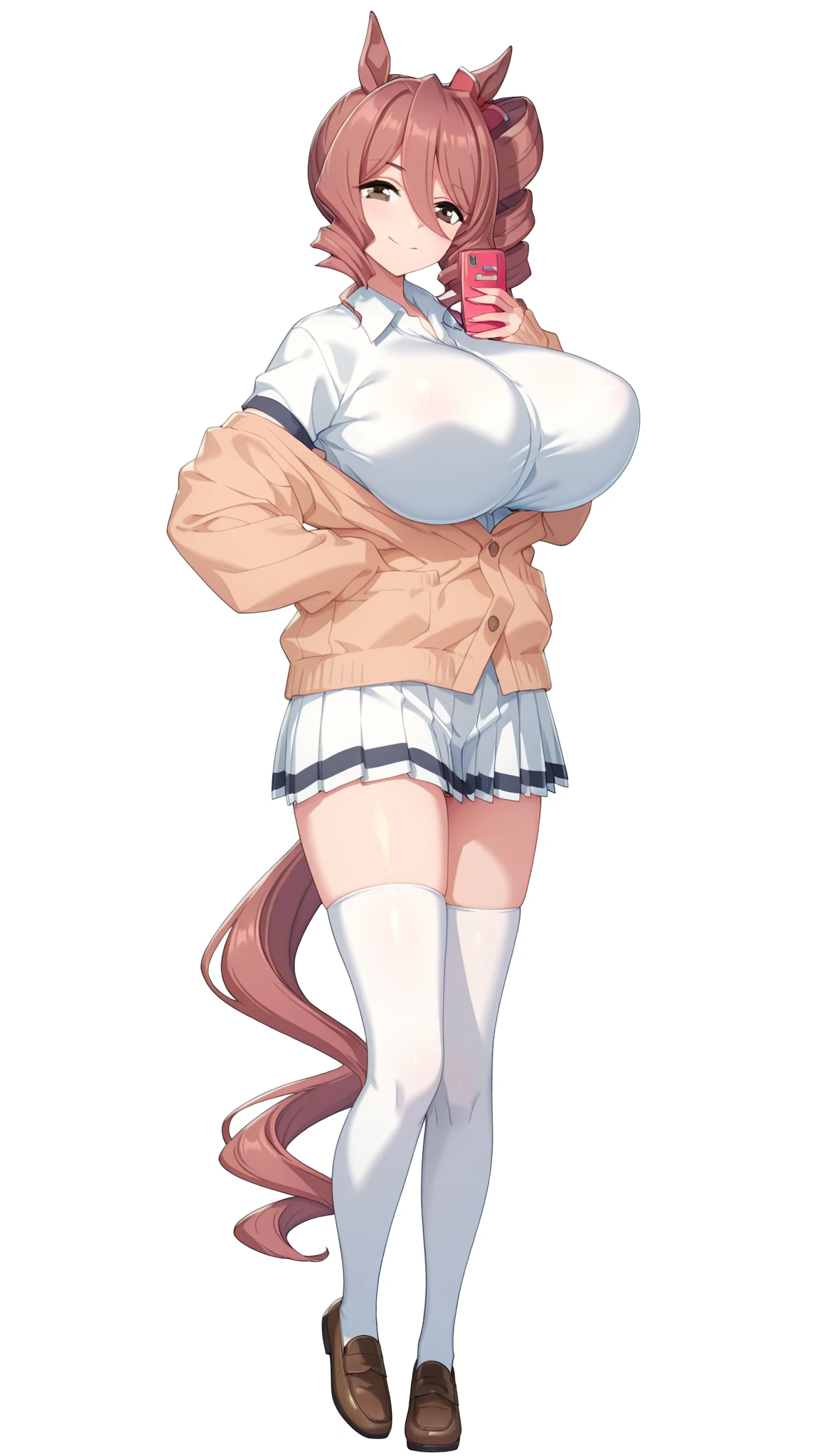 female anthro Snow leopard,Brown long fluffy hair, fluffy hair, squirrel ears, Snow leopard, big breasts, attractive, nurse dress thicc body, thicc, freckles, freckles on face, neutral expression, smug eyes, garter belt tights, looking at viewer, front view, spreading legs showing her wite_panties she is standing (thick thighs:1.5)