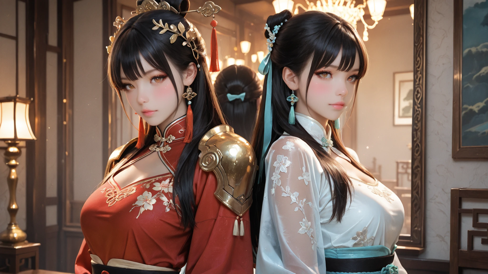 Two beautiful women in costume,blade and soul,korean mmorpg《Aion 2 Revolution style》,4K detail fantasy,CG is gorgeous and shocking,NCSOFT computer screenshot。