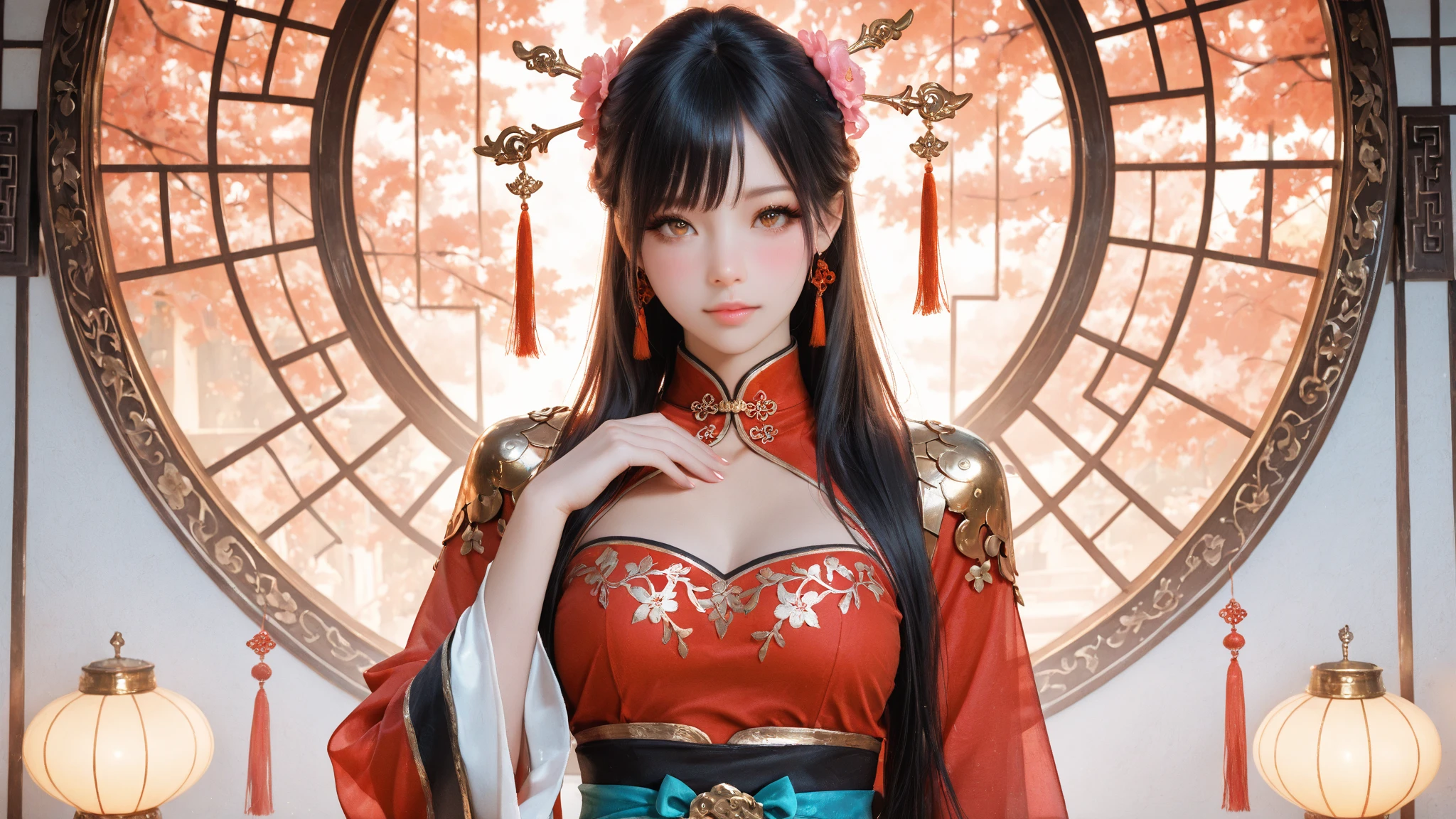 Young woman in red dress sitting at a table with a vase of flowers, Beautiful Fantasy Empress, Red-haired queen in heavy red armor, Red-haired goddess, ((Beautiful Fantasy Empress)), Trending on cgstation, Beautiful, charming anime women, anime goddess, Ruean Jia and Art Germ, Woman in Red Armor, Beautiful Tang Dynasty Performance