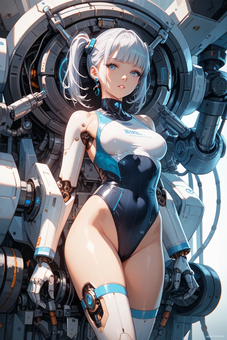 (Photorealistic:1.8, highest quality:1.8,8K masterpiece:1.8,High resolution,Mastepiece:1.8,RAW Photos,Cinematic lighting),No split screen、noon、White Lab、Cyborg 1 Girl、Angle from below、
(Real skin texture:1.3)、(choker、Knee-high long boots、High leg bloomers)、Sexy breastplate that shows the underside of the breasts)、(Underboob)、cameltoe、Beautiful thighs、Plump nipples、(Nipples visible through clothing)、(Mechanical Art: 1.4)、(Mechanical Limbechanical spine attached to the back)、(Mechanical cervical vertebrae attached to the neck)、Metallic Mask、Beautiful expression、Beautiful Face、 Spider body painting on stomach、(Shortcuts、Beautiful, shining red, yellow, blue, white, black, gray, silver hair:1.5)、Detailed blue eyes、Shiny red lips、Stoic、Random Pause