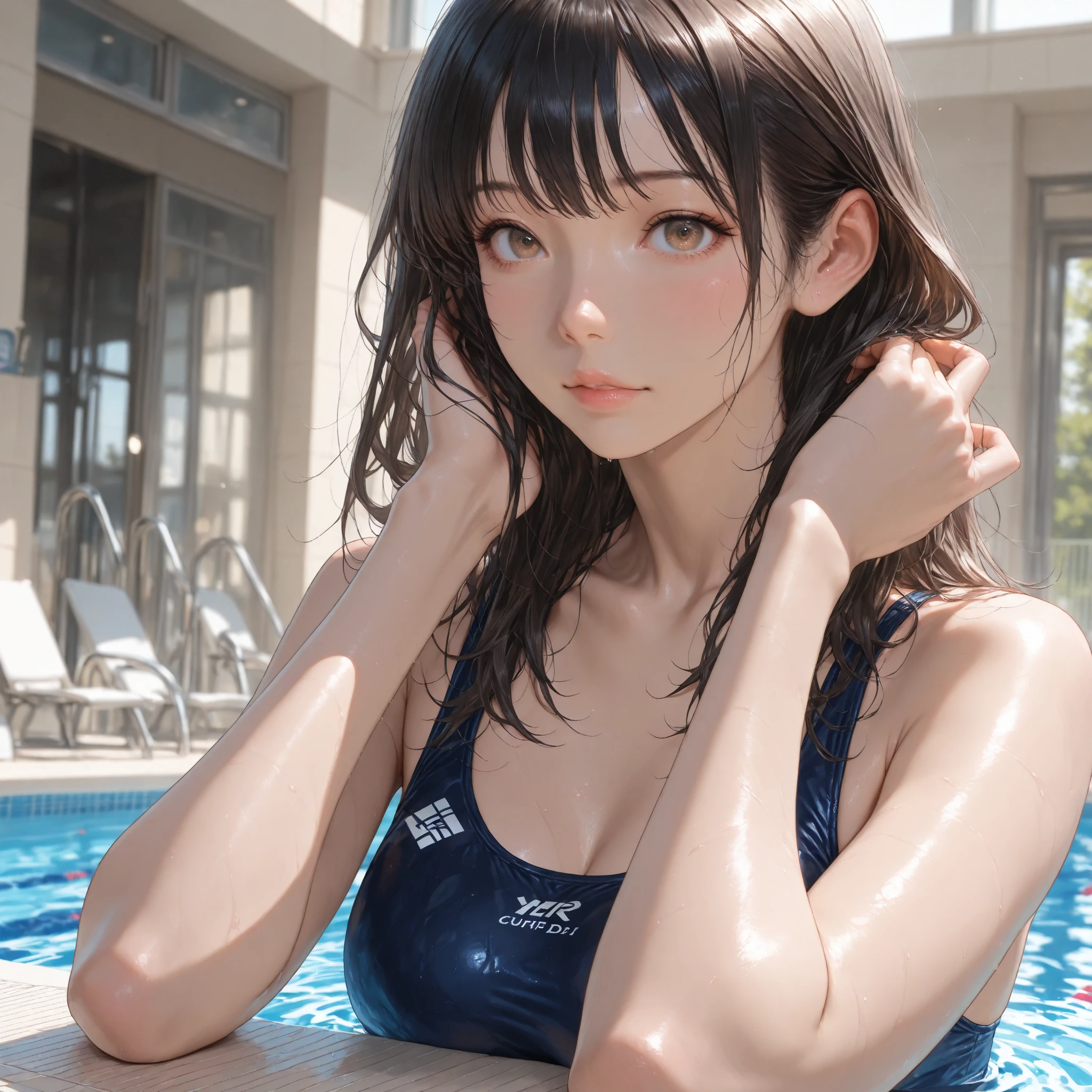 Realistic, photograph, beautiful, masterpiece, Highest quality, One girl, alone, Sam Young, swimmer, bikini, stylish bikini, Large Breasts, Cleavage, So line, Portrait Shot, View your viewers, Detailed face, Detailed eyes, Detailed Hair, Partially submerged, Outdoor swimming pool, Wet Skin, Wet Hair, Intricate details, Shadow, Lighting, Ray Tracing, High quality water, Realistic water, High resolution, 4K