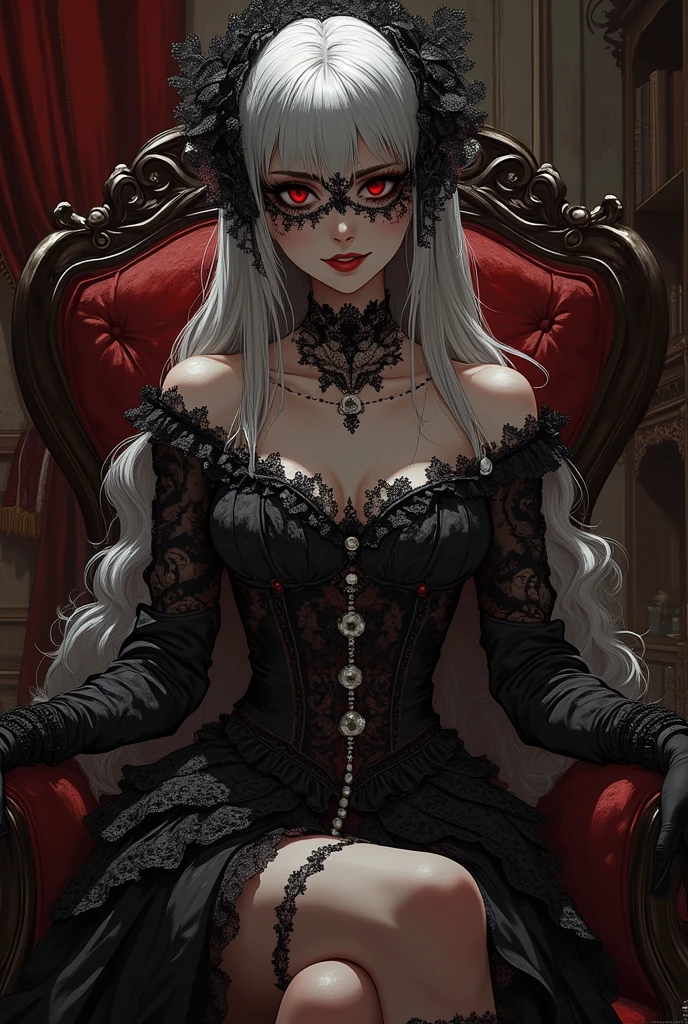 Female Vampire With Ruby Eyes Sitting Sexily on Throne, Long White Hair,
(best quality, highres: 1.2)
1 vampire, ruby eyes, long white hair, extremely detailed, long lashes, dark background, exquisitely rendered, close-up portrait, vampiric elegance, bare shoulders, seductive smile, sensual pose, sitting, red lips, sharp fang, high-contrast lighting, vampire-themed crown, Gothic throne