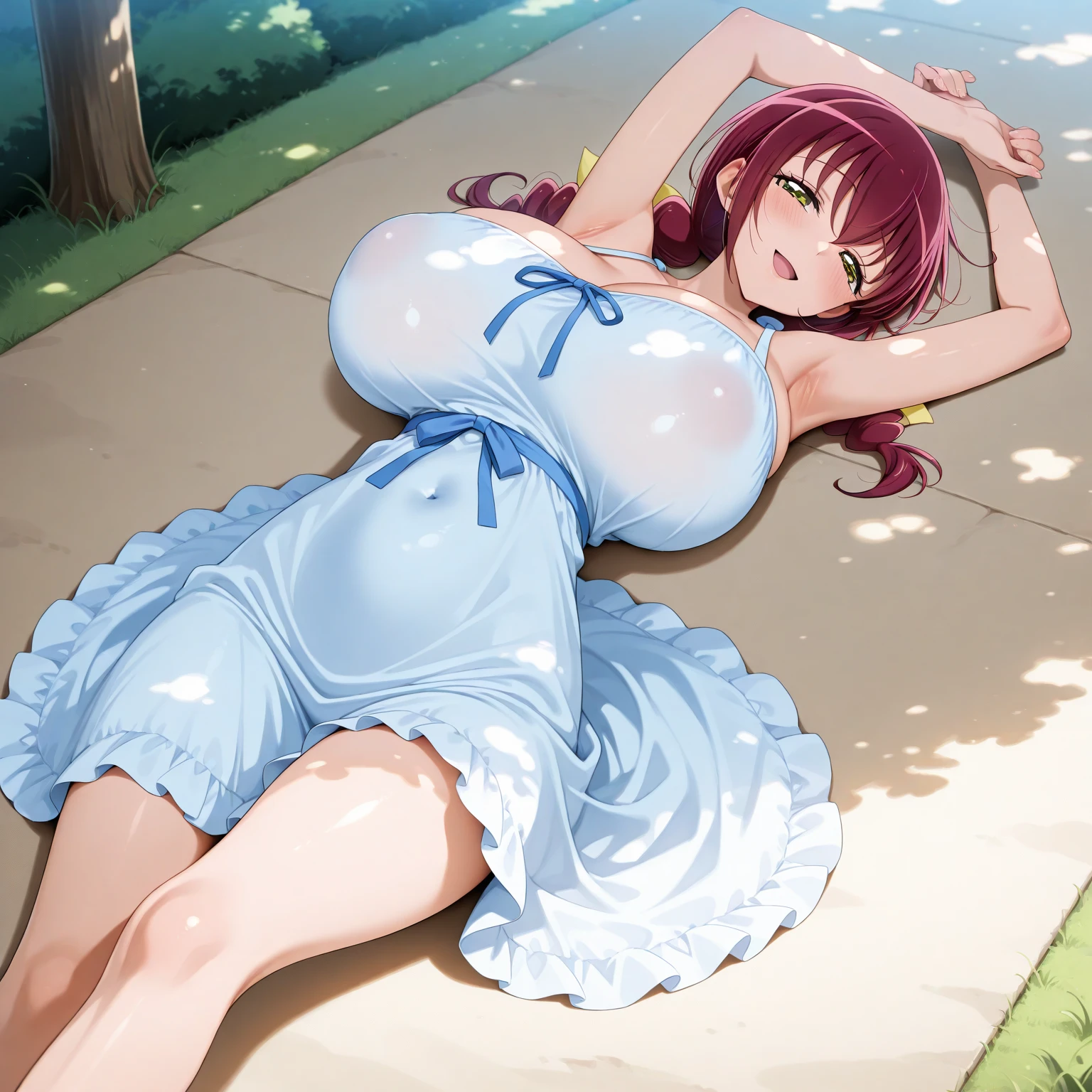 masterpiece, best quality, highres, cowboy shot toujo nozomi, green eyes,low twintails, dress ,clothing ,strawberry dress, outdoors, looking at viewer, sexy, sexy pose, sexual arousal,(lips:0.6), sitting,big breasts,thicc body, cleavage
