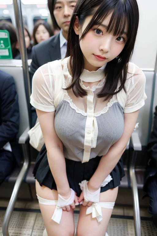 (8k、RAW Photos、Highest quality、masterpiece:1.2)、(Realistic、Photorealistic)、1 girl,(A high school girl lifts her skirt on the train to show off her transparent lace panties:1.6)、(Cute Face:1.3)、Japanese 1 girl,(Japanese schoolgirl)、(1 real high school girl)、small chest,Perfect Skin,Detail Skin,(pretty girl,short hair,The gesture of taking off the shirt,Spread your legs and lift them up,chest:1.7)