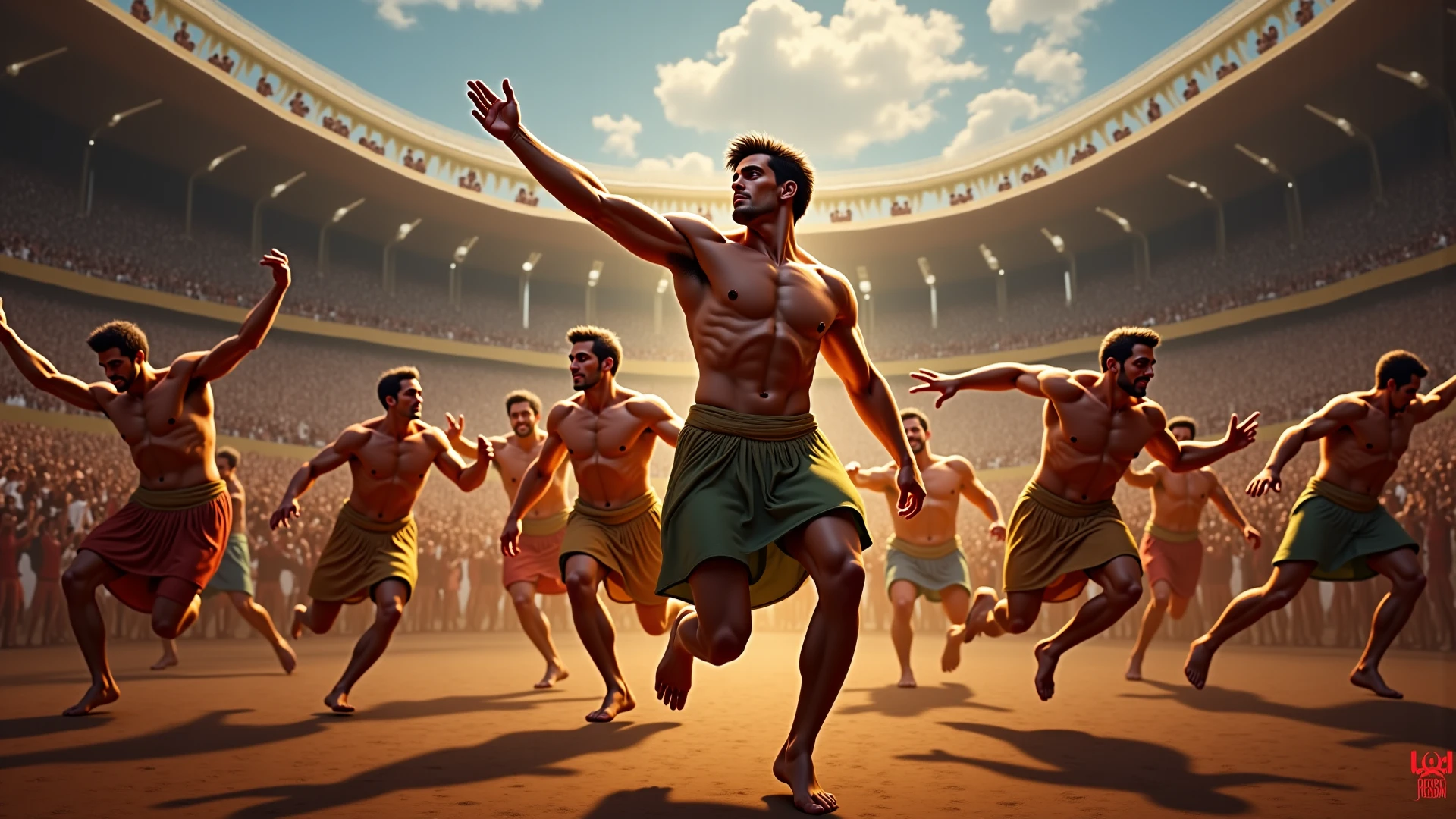 Create a scene of (((Minoan entertainment2))), with participants in competitions and games, such as (((racing or demonstrations of strength2))). Show the energy and [joy of the event1.5], with lively spectators and decorative elements that highlight the importance of competition in Minoan culture.