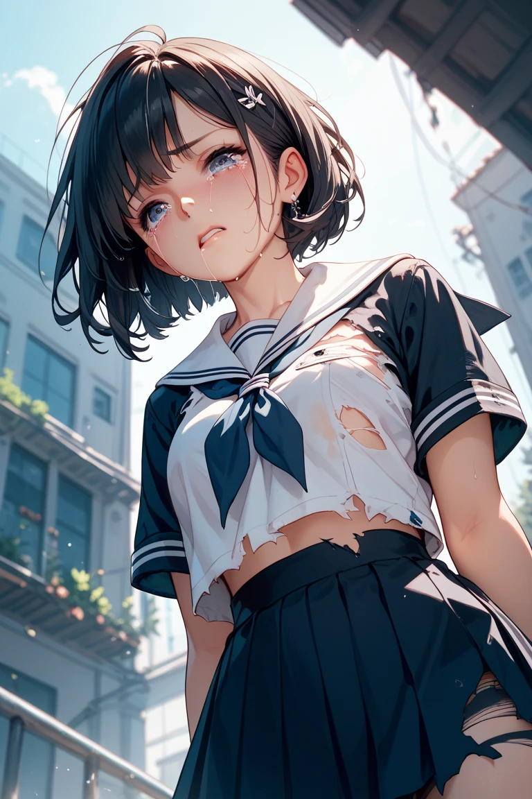 (Photorealistic:1.5), (masterpiece、Highly detailed 8K CG、Sharp lines:1.2)、hi-school girl、A dark-haired、White panties、thighs thighs thighs thighs、(Beautiful anime schoolgirl:1.2)、Smooth Anime CG Art、Beautiful anime schoolgirl、Beautiful anime girl, 19-year-old beautiful girl, Detailed skin, (gleaming skin:2.4)、short-hair、(Beautiful black hair:1.2)、blue Eye、(many streaming sweat:1.5), smile, (flat chest:1.7), (Muscular thighs:1.4), (gaunt:1.7), (student clothes:1.2), (a sailor suit:1.4), (Dark blue pleated skirt:1.4), (cowboy shot:1.2), wet, solo, (one girl:1.4), (open stance:1.3), from front , (from below:1.3), Inside the classroom, blush, (anguish:1.3), spread legs, (open mouth:1.4), (Clear drool overflows her mouth and drips from her chin:1.6), Crossing her eyes, (half closed eyes:1.4), (She's properly clothed:1.7), tears, (Sweating profusely between the legs:1.4), (toned thighs:1.8)