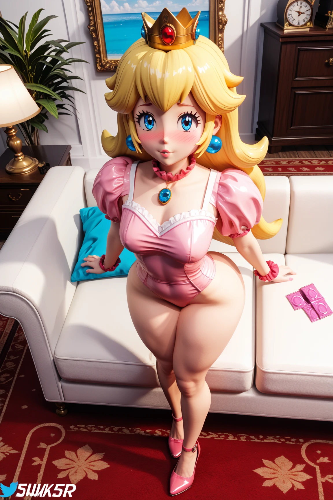 score_9, score_8_up, score_7_up, score_6_up, score_5_up, score_4_up, princess peach, (front view), (2D anime style), oily skin, blue eyes, long blonde hair, large breasts, strapless, (sexy pink lace bra), (sexy pink lace panties), sexy curves, big head, thick thighs, (solo), laying on bed, spread legs, seductive pose, looking at viewer, blushing, seductive stare, (bedroom background), at night, moonrays