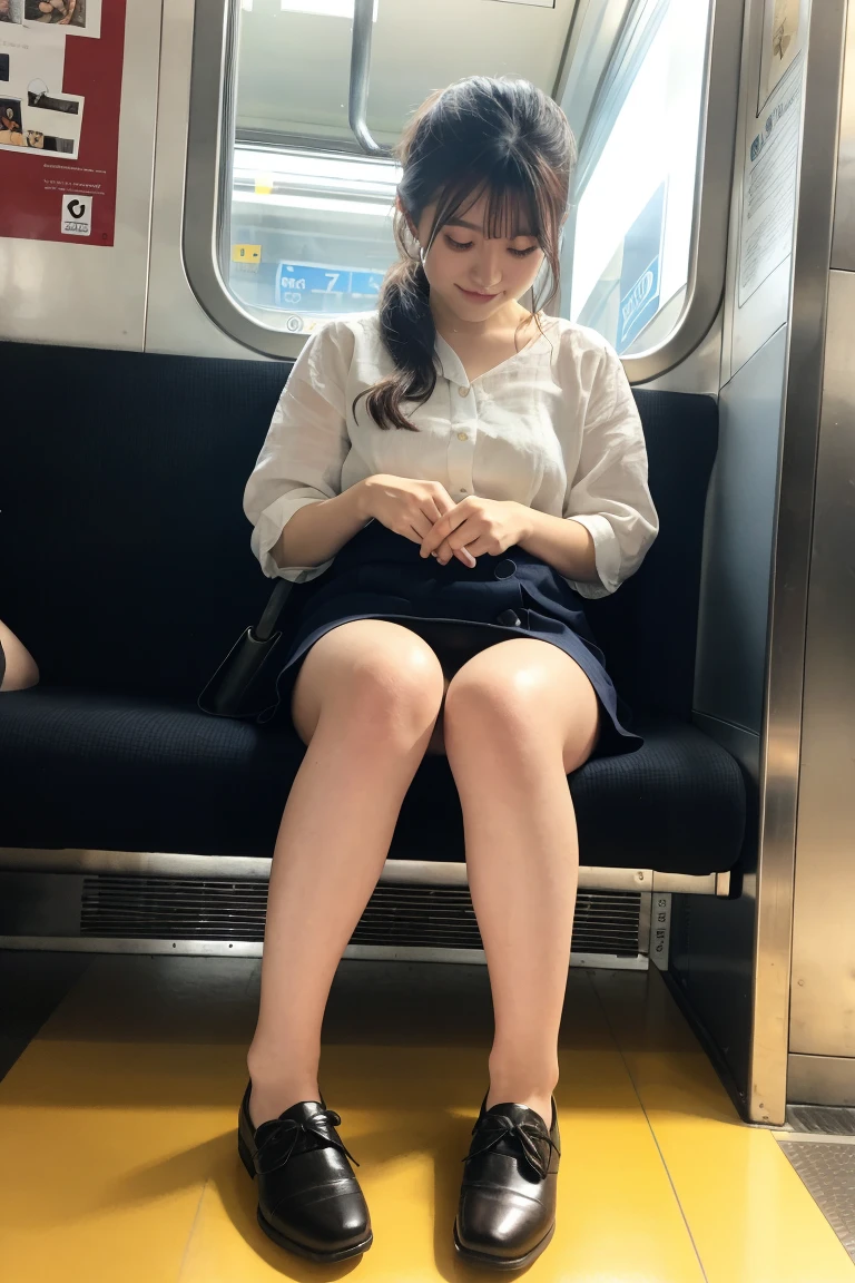 (masterpiece, Highest quality, 8K, RAW Photos, beautifully、aesthetic:1.2),  Intricate details, indirect lighting, Realistic,
whole body, Sitting on a chair on the train、Staring at the viewers、Voyeur、
 Square neck button-down linen sundress, (Ultra-realistic pantyhose)、
 Training women , Chair to sit under skirt,