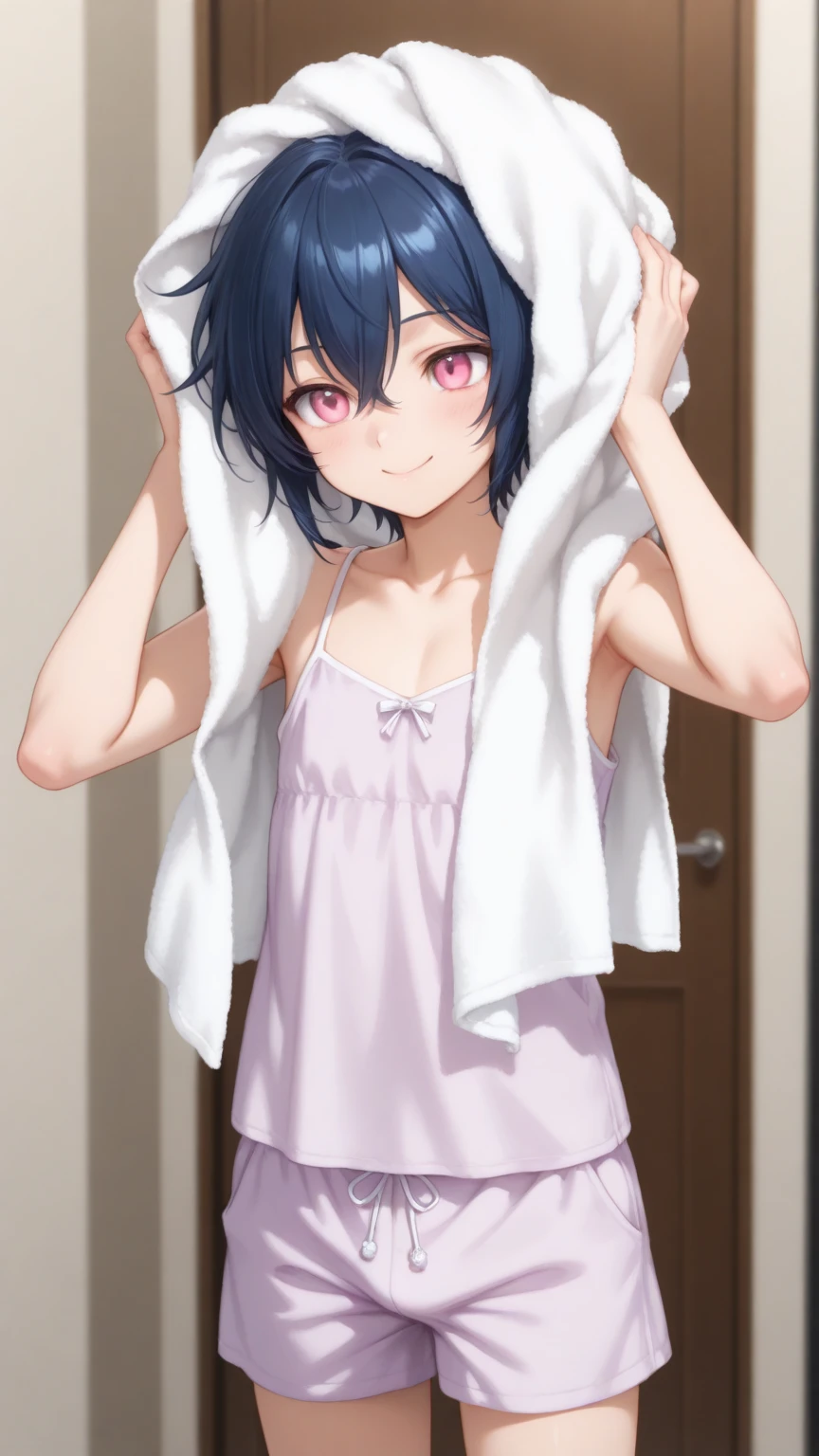 girl、Small breasts、Black Hair、Iris、Bob Hair、bath towel、Sexy Costumes、Taunt、lure、smile、Put your hand over your mouth