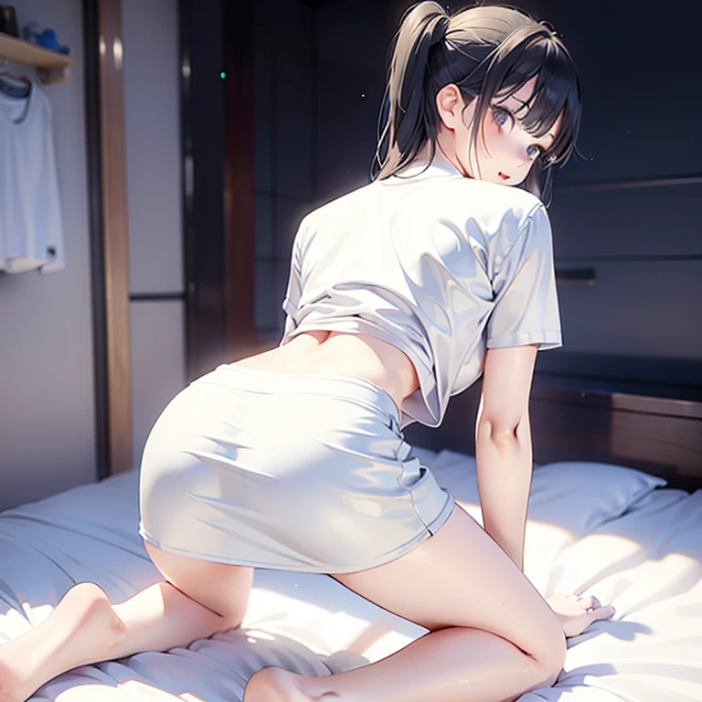 Girl on all fours on bed with black hair1Person looking at camera sweating white underwear blushing々、White skin ponytail wrapped in bath towel from the side where you can see the body a little further away