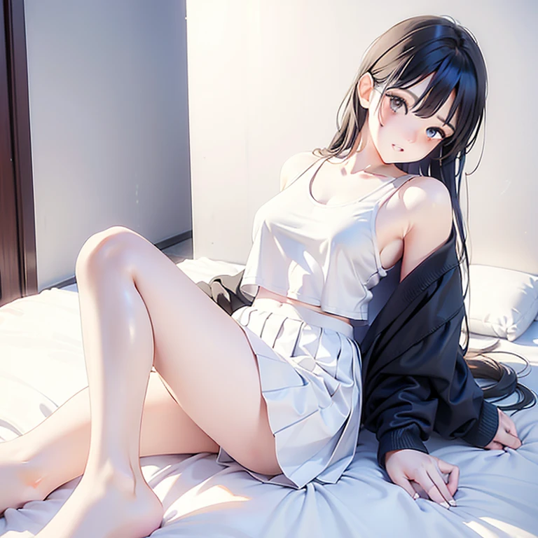 japanes A teenage girl、lyin in bed、Black underwear、Lace knitted underwear、Point your foot at the camera、Near the windowsill with a little wind、garterbelts、traditional Japanese room、Room with light、A dark-haired、Hair to the shoulders、thin-waist、middlebreast、Big eyes、