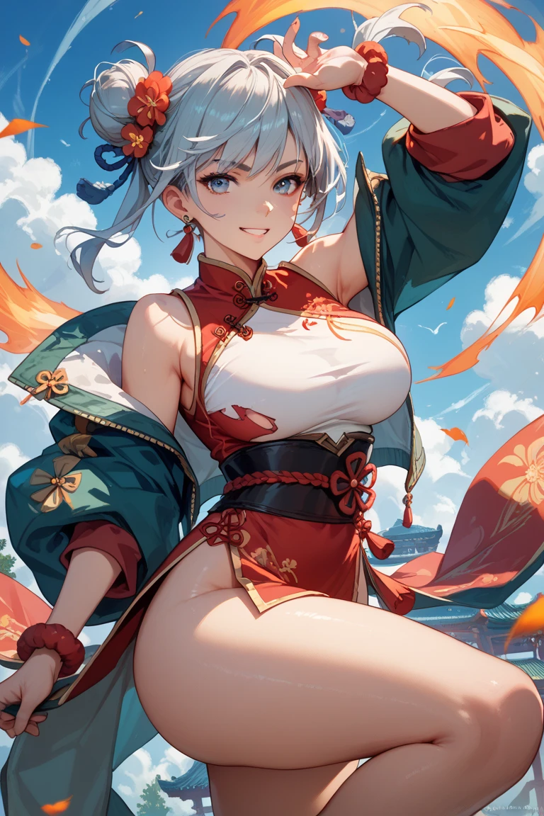 tall beautiful  muscular woman and doing a fighting pose, six pack , silver hair and red eyes, Chinese dress crop top,  and leggings thigh highs, full body portrait