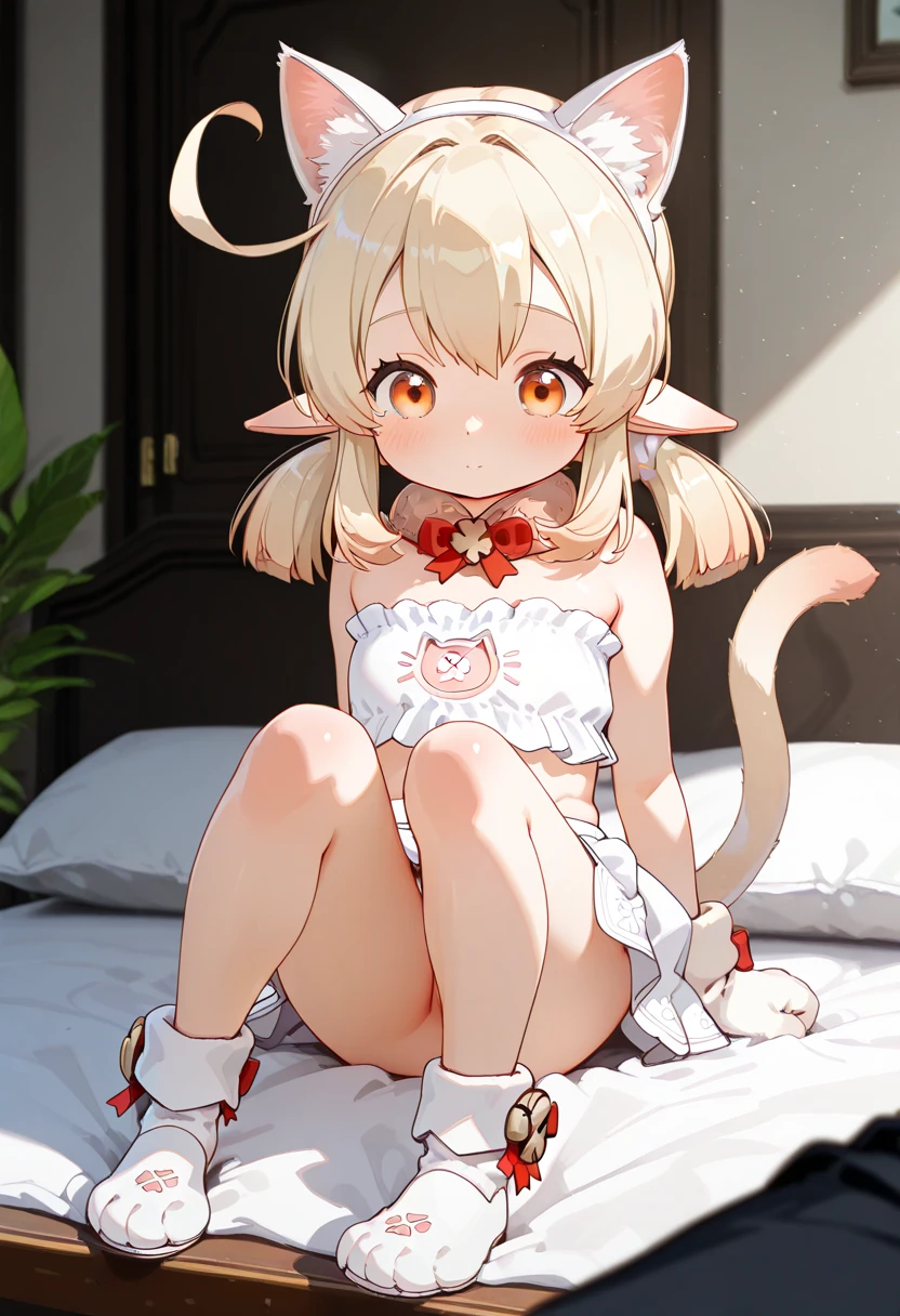 (Masterpiece) (High Detail) (High Res) A tiny short humanoid girl with blue eyes and long blonde hair and blonde mouse ears and a short thin mouse tail and average breasts. She is wearing a set of pale pink lace lingerie with pale pink panties and a pale pink garter belt and pale pink bra and white thigh-high stockings.