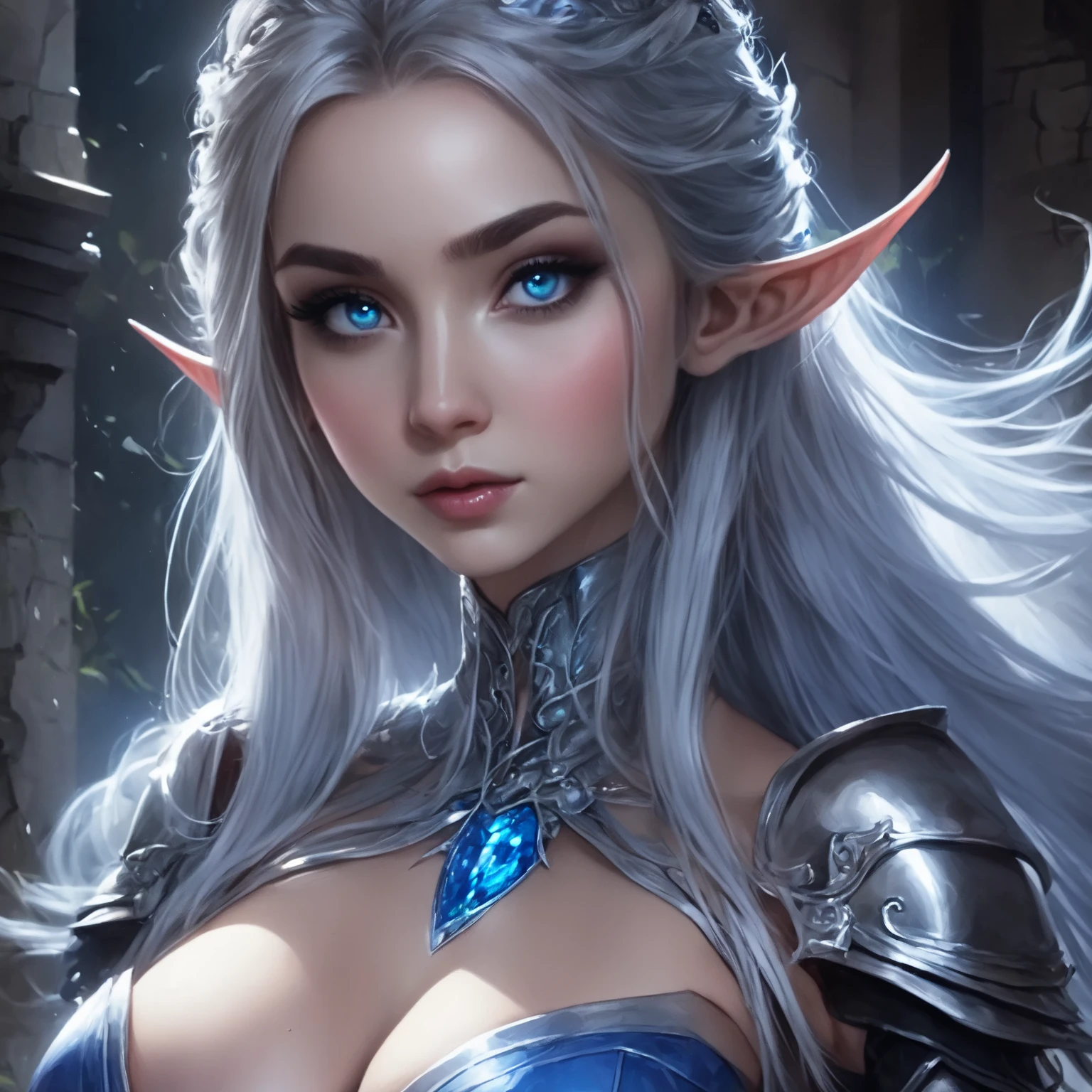 8K、Dark elf with very big breasts,Super beauty,Tanned realistic skin,Luxurious blue and white metal chest armor,Model Chute Style、(the Extremely Detailed CG Unity 8K Wallpapers)、Full shot body photos of the most beautiful artwork in the world、Front Four Poses、Dark Elves、blue hairs、Green Valley、Blue and white sexy chest armor。Black skirt、Pearl Skin、Diamonds、medieval architecture、Ed Brink、Ateigairan、Studio Ghibli、Jeremy Mann、Greg Munchez、Antonio Moro、trending on artstationh、Trending in CG、 Dense and、Up to detail、Sharp focus、Dramatic and photorealistic painting art by Midjourney and Greg Rutkowski、Sexy costume、very large breast、Blue eyes、see the beholder、beautiful expression、Emphasize cleavage、Beautiful decoration,