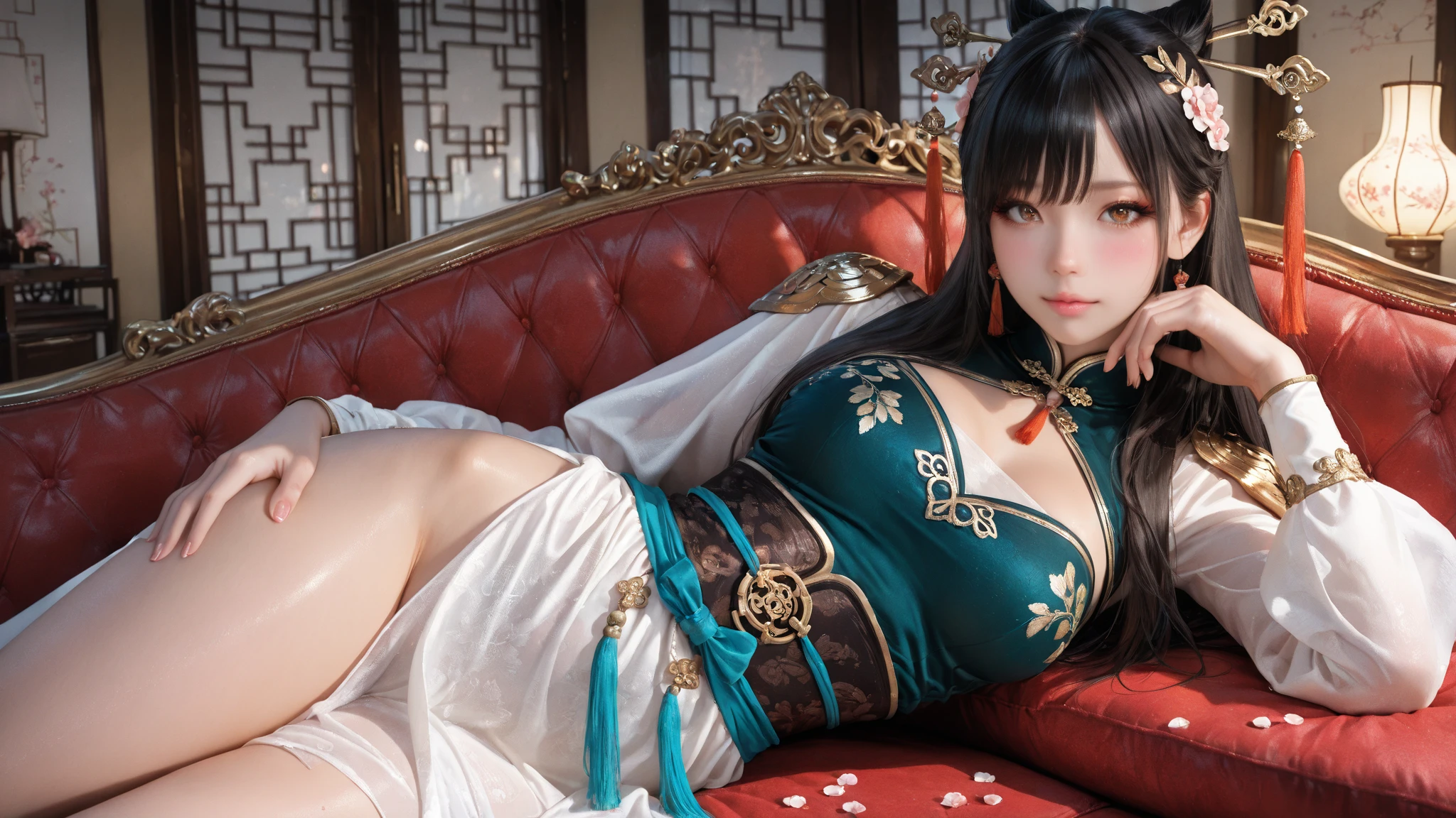 Official Art, Unified 8K Wallpapers, Ultra Detailed, Beautiful and Aesthetic, Masterpiece, Best Quality, (Zentangle, Tangle, Entangle), (fractal art: 1.4), 1girl, ball head, twist braid, Chinese, kimono, exposed, f-cup, beautiful legs, very detailed, dynamic angle, cowboyshot, (most beautiful form of chaos), ethereal, (bright colors), oc, sitting on a futon, china, (thangka flying sky: 1.5), (ribbon: 1.3), (dream: 1.5), (smile: 0.5), (Chinese deity),