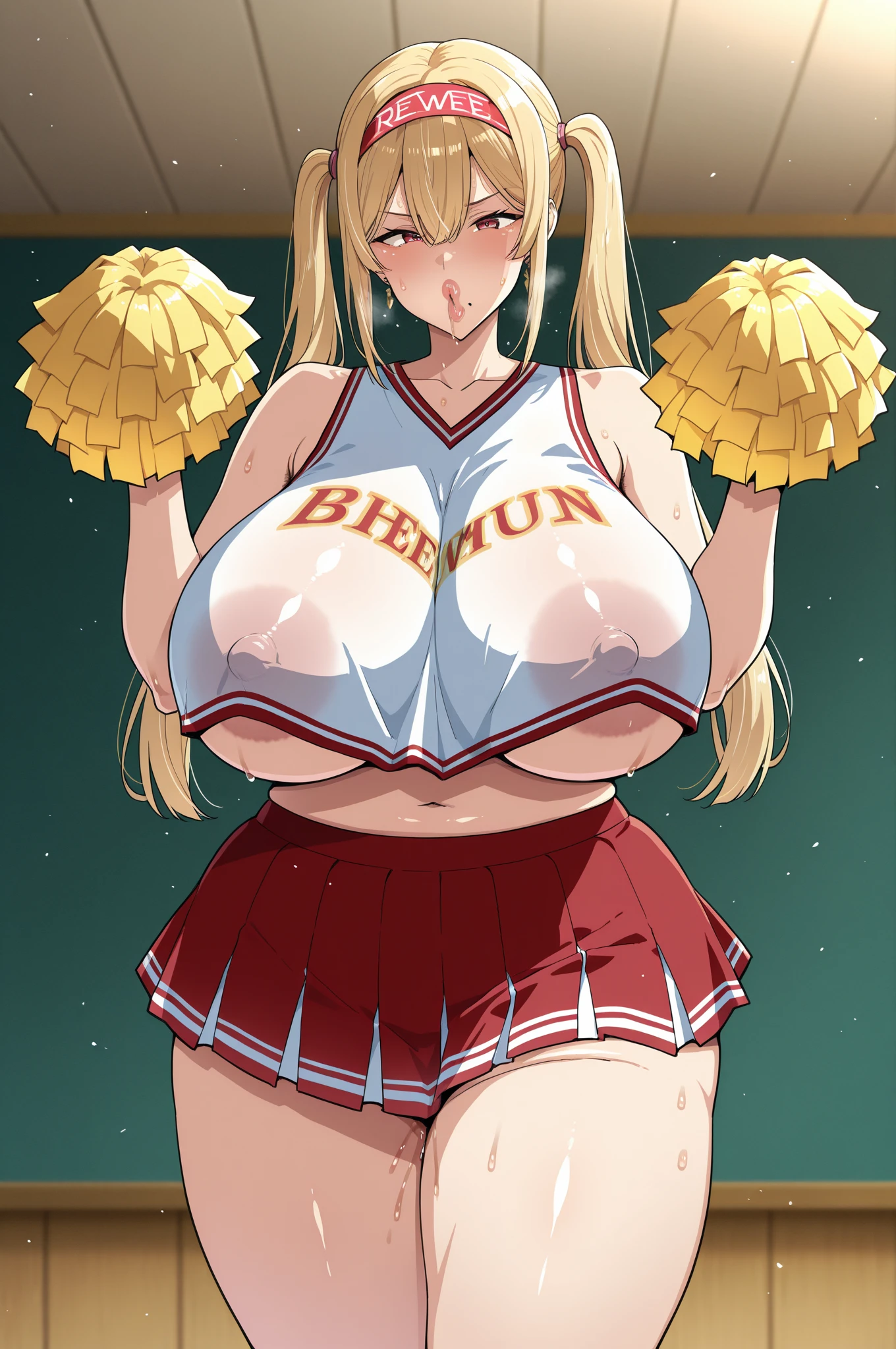 score_9, score_8_up, score_7_up, source_anime, BREAK, (((yew))), , 1girl, solo, chubby, cheerleader, cheerleading uniform, large breasts, cleavage, thicc, blonde hair, closed eyes, bouncing breasts