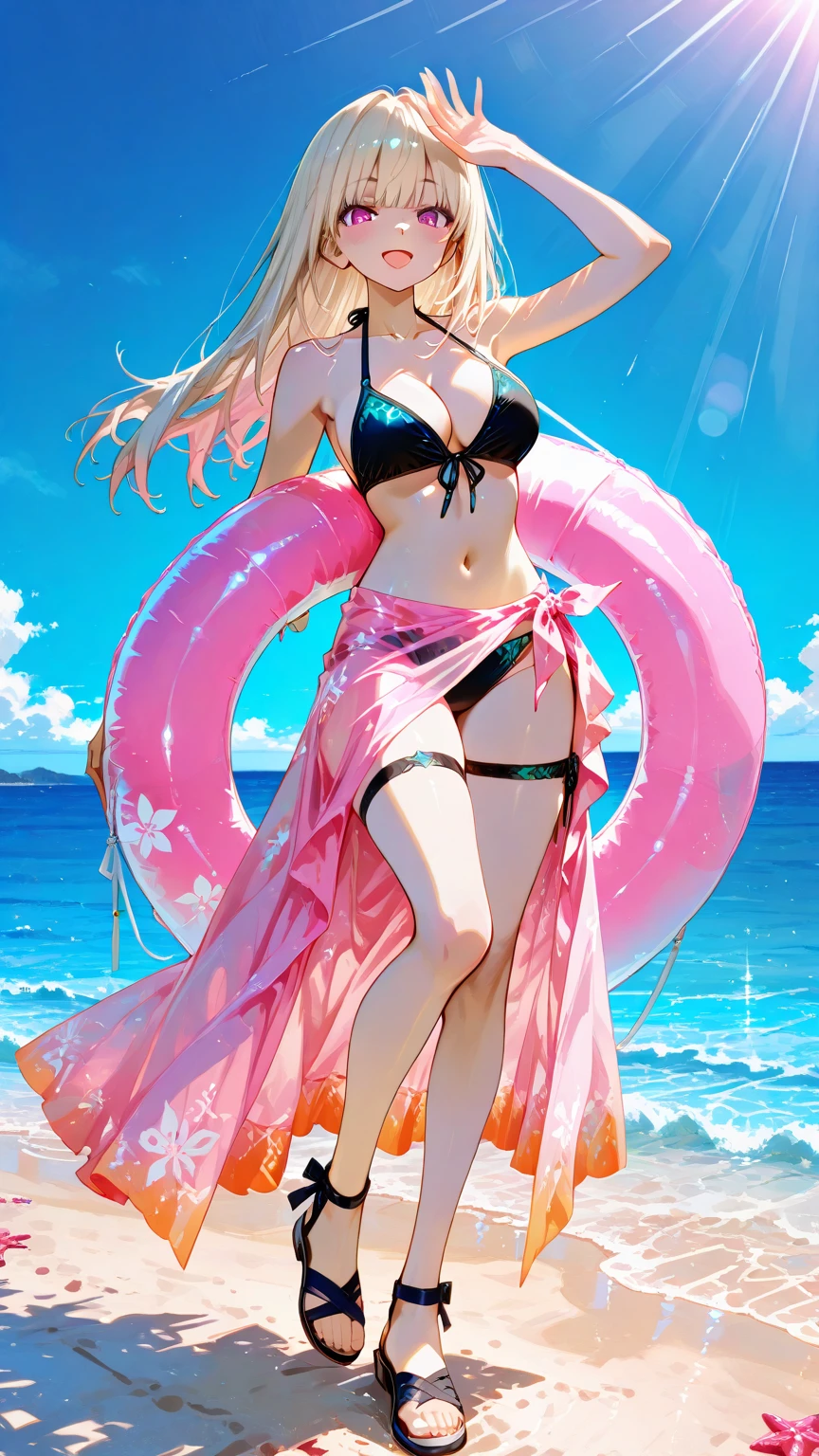 1 girl, :d , beach, summer, bikini, aqua_nails, ball beach, beach_umbrella, beachball, bird, bracelet blonde_hair, cloud, cloudy_sky, cocktail_glass, collarbone, cup, drinking_glass, drinking_straw, eyewear_on_head, flamingo, food, fruit, blue_eye, hair_between_eyes, hair_ornament, hairclip, holding, holding_water_gun, inflatable_flamingo, jewelry, knee_pads, lime_(fruit), looking_at_viewer, multicolored_hat nail_polish, navel official_alternate_costume, outdoors, pink_bracelet, pink_nails, pink bikini,  sandals, 