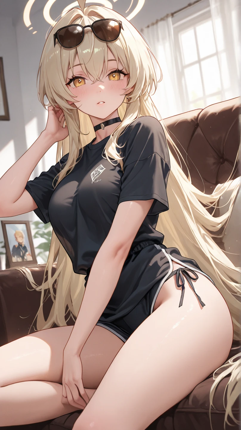 Make a very beautiful blonde woman with green eyes all in black and black leggings and barefoot farting