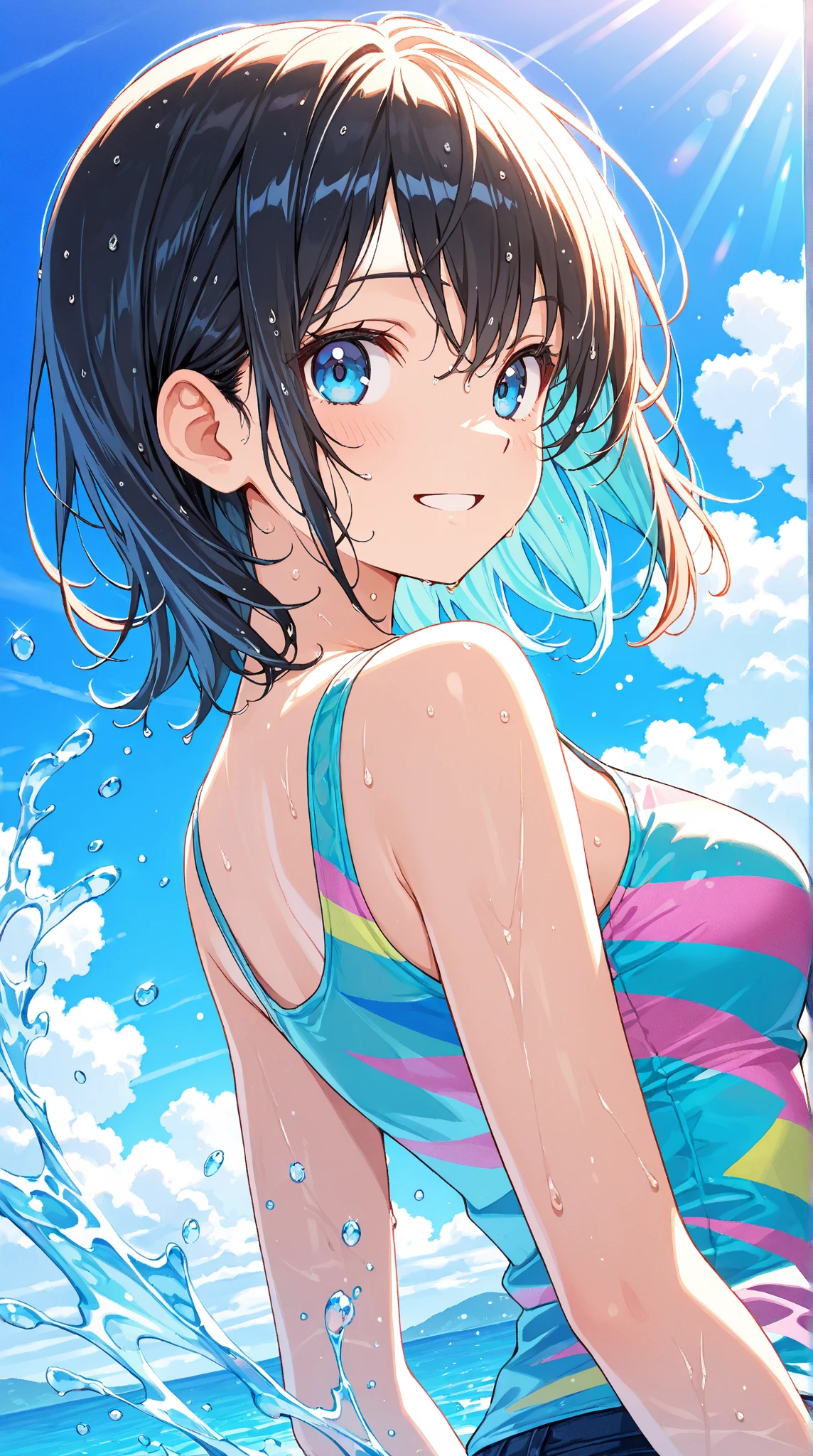 (masterpiece、highest quality、highest quality、official art、beautiful beautiful:1.2)、(1 girl:1.3)Hatsune Miku、twin tails,big breasts,New recreate：

theme：Seaside Resort 8km Race、Seaside resort illustration with ultra high definition detail。The subject is１beautiful woman。She wears a sleeveless micro bikini、I'm wearing miniskirt-length bottoms.。Hair tied in a ponytail fluttering in the wind、Raise your hands with a bright smile。

Blue sea and white sandy beach in the background、Depicts a large number of blue birds flying away from the subject。Blue sky and white clouds in the distance、You can feel the bright and refreshing atmosphere of the resort。

The pose is energetic and aggressive、Cross your arms like an X in front of your chest.。

Micro bikini costumes 、Although it is worn lightly, It expresses the glamour of the resort.。Fine details are also drawn on the design of the bikini and bottom。

Her expression is bright and smiling.、You can feel them enjoying a good time at the resort。

The composition is centered on the subject.、Background depicts the sea and a flock of blue birds。

The lighting is bright and refreshing、Illuminates the entire area.、Highlight the brightness of the resort。

The colors are vivid、Blue of sea or sky、The whiteness of the sandy beach is clearly expressed。

Effects include:、Includes hair fluttering in the wind and blue birds flying.、The fun and vibrancy of the resort is expressed。

Background effects are、Depicts sandy waves and details、The bright and refreshing atmosphere of the resort is emphasized。