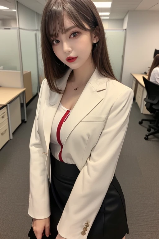 Beautiful white and shining skin、Chestnut-colored hair that changes with the light、Long bangs between the eyes that block vision、Cheek highlighter、Very beautiful lovely gorgeous face、The most beautiful face in the world、Small Face Beauty、Golden Ratio、One girl、solo、(Full Body Shot:1.3)、(Woman in detailed pencil skirt and suit jacket:1.4)、(office lady)、Office Suits、High heels、(Bobcut:1.3)、short hair、(Big Breasts、Big Ass:1.3)、Office Room、(From behind、Buckshot:1.3)、arched back、View Viewer、From below、(cute)、(Slit Skirt:1.1)、