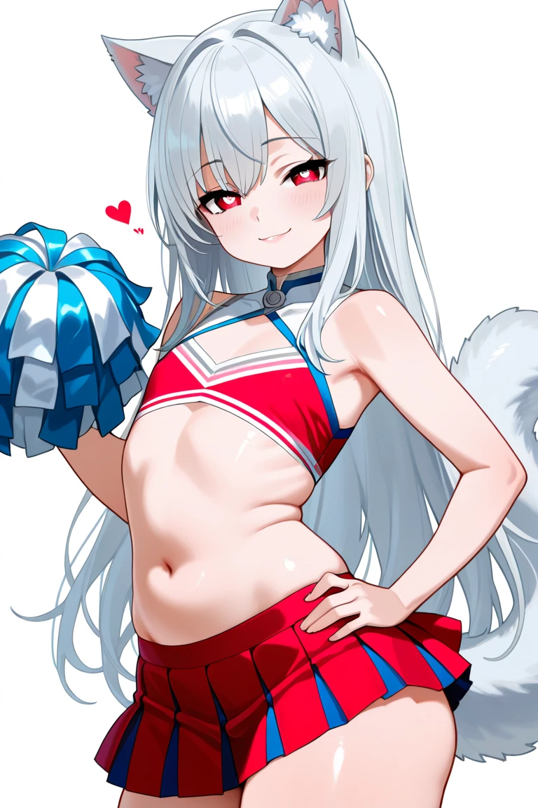 silver hair, red eyes, fox ears, girl, small breasts, ponytail, girl, small breasts, lolita, bright smile, looks about 15, flat-chested, short, eye highlights, sexy thighs, cheerleader, show me your armpits, your eyes are very beautiful, highlights