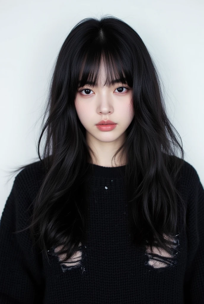 Girl with black hair, curly,fringe,round face, with big lenses, small lips, small eyes, dressed in a black long-sleeved high-neck blouse 