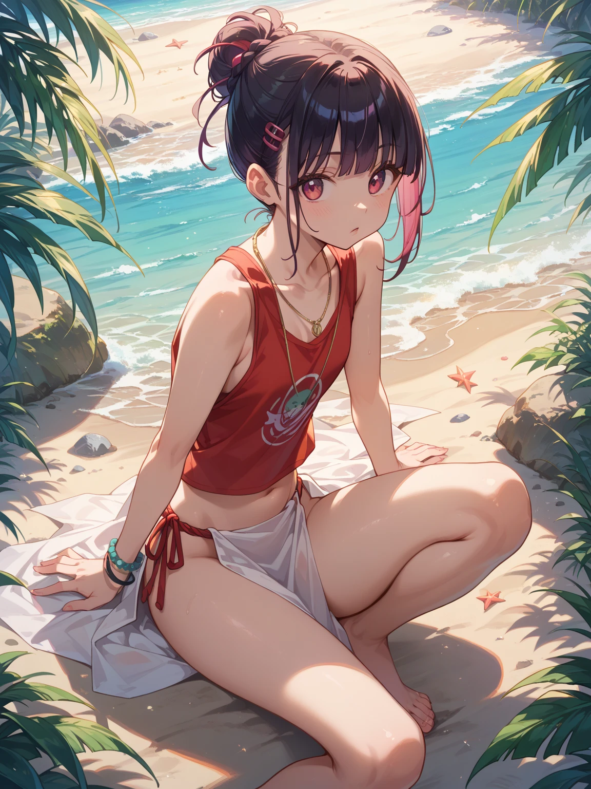 Bikini、Black Hair、Random pose、Red ribbon、Pale red eyes、Ocean、Sandy Beach、Blushing、Embarrassed expression、