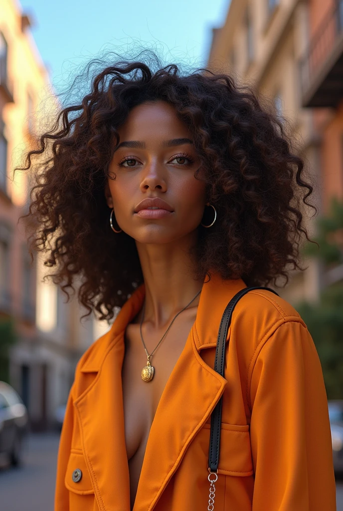 A young black woman with thick afro hair, stuck in a modern style. She wears high-tech clothing that combines sustainable fabrics with traditional African elements., like colorful geometric patterns