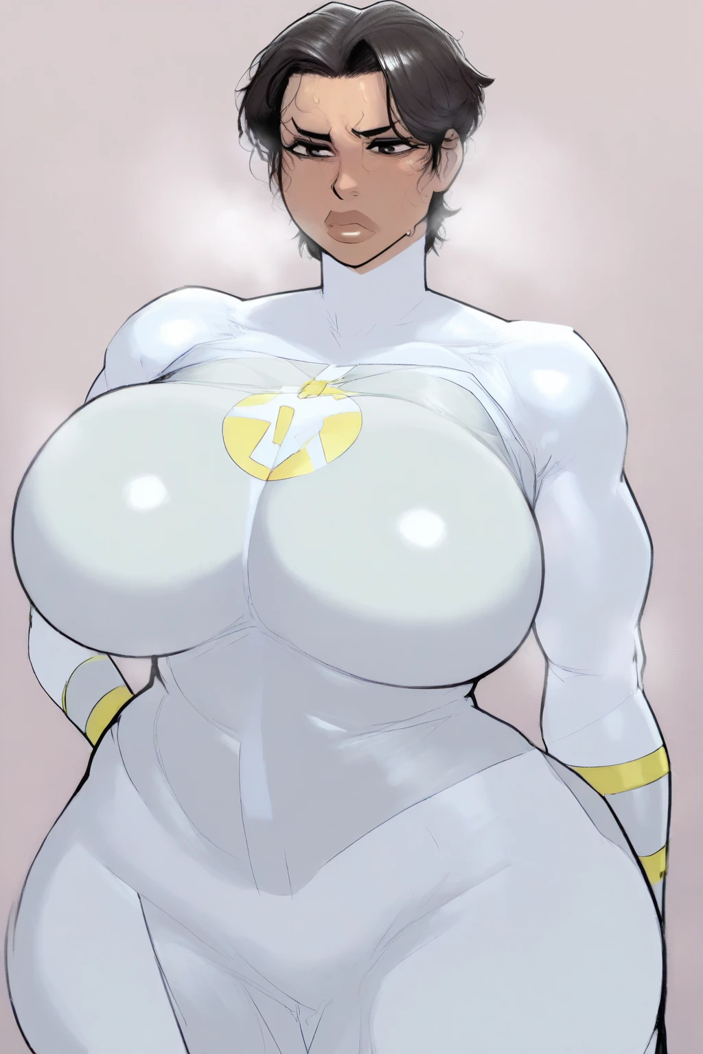 Amber Valetta como Powergirl, (personagem de quadrinhso DC Comics), nsfw, uniforme branco decotado, Cabelos loiros curtos com laterais raspadas, Corpo perfeito, olhos penetrantes detalhados extremamente bonitos, seios grandes, hero's vision, Corpo Inteiro,action stance, cinematic scene, scenario, fundo detalhado, obra de arte, melhor qualidade, alta qualidade, high resolution, absurdos, Muito detalhado, high resolution, Afiado, Afiado image, 8K, vivid, colorida, splendid, Adam Hughes