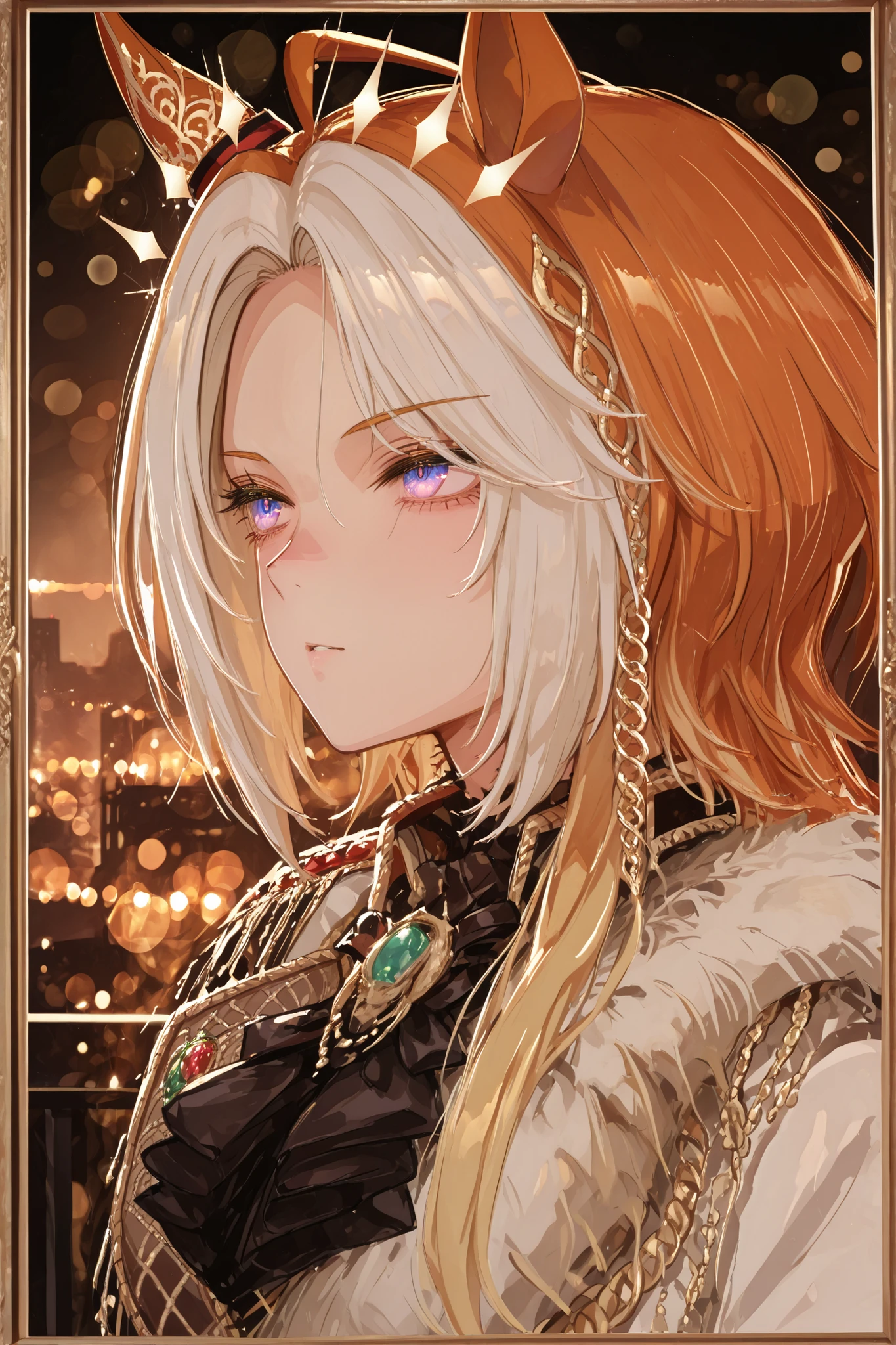 masterpiece、orfevre \(umamusume\)、A dramatic anime-style bust-up portrait of a character, framed like a cinematic photograph. The background features a stunning night cityscape with vibrant, glowing lights and soft bokeh effects, creating a dreamy and atmospheric mood. The character is lit with gentle, warm lighting from the side, casting subtle shadows to enhance the dramatic tone. The scene feels intimate and emotional, with a focus on the character's expression and the sparkling night backdrop
