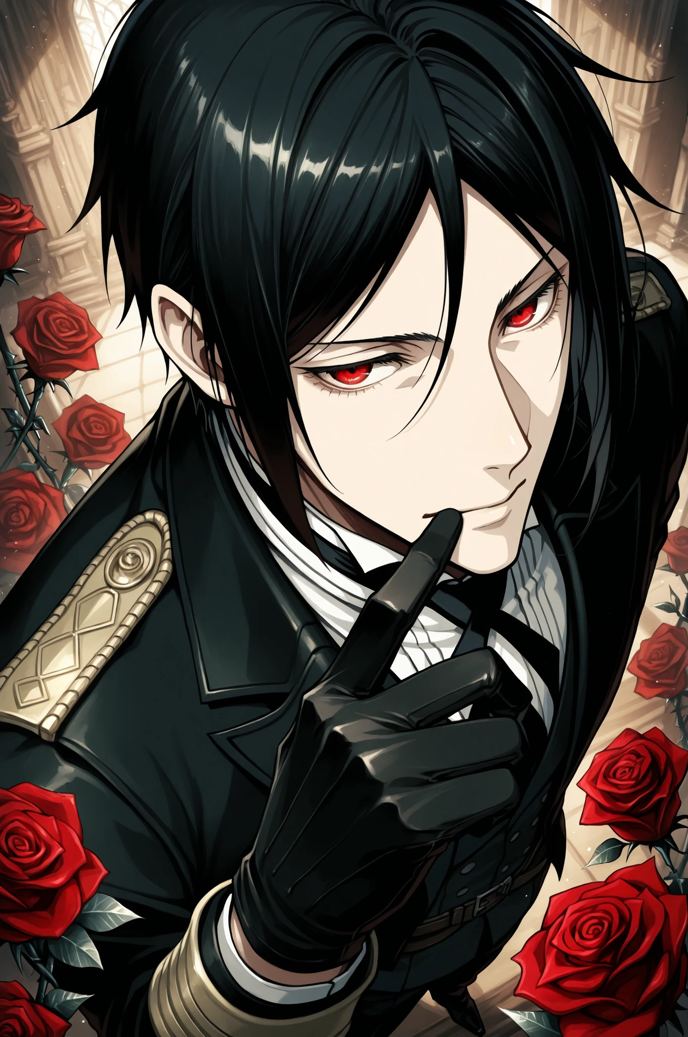 1boy,male, (Overhead view),dynamic angle,ultra-detailed, illustration, close-up, Sebastian Michaelis,male, (fantasy:1.4), (detailed red eyes:1.1),(black hair:1.14), (+(red Rose:1.4)),(Victorian tuxedo)/=(military uniform:1.24),(black gloves),semi-realism,masterpiece, best quality,absurdres