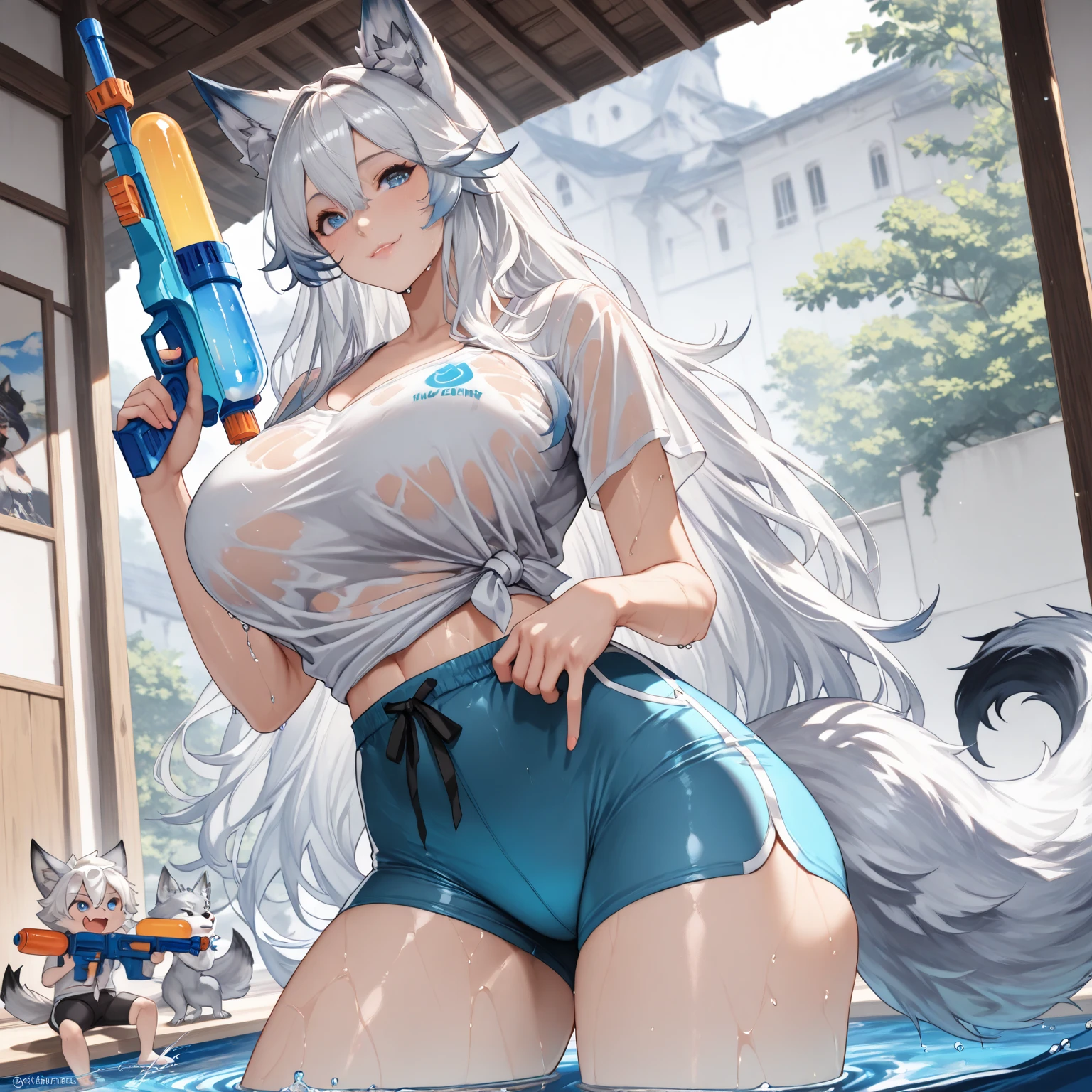 ((Masterpiece)), ((Best Quality)), (Very Detailed), ((Very Detailed)), 4K, (8K), very aesthetic, absurdres highres, 1girl, (anthropomorphic fox, furry, kemono:1.8), breasts, swimsuit, bikini, solo, grey hair, black bikini, (water gun:1.8), navel, choker, black choker, cleavage, thigh strap, outdoors, looking at viewer, smile, large breasts, side-tie bikini bottom, tail, day, rabbit girl, blue eyes, open mouth, water, wet, ass visible through thighs, stomach, thigh gap, sky, holding, cowboy shot, sunlight, bare shoulders, collarbone, blush, ocean, blue sky, halterneck, jewelry, thighs, leaning forward, cloud, armpits, pendant, standing,
