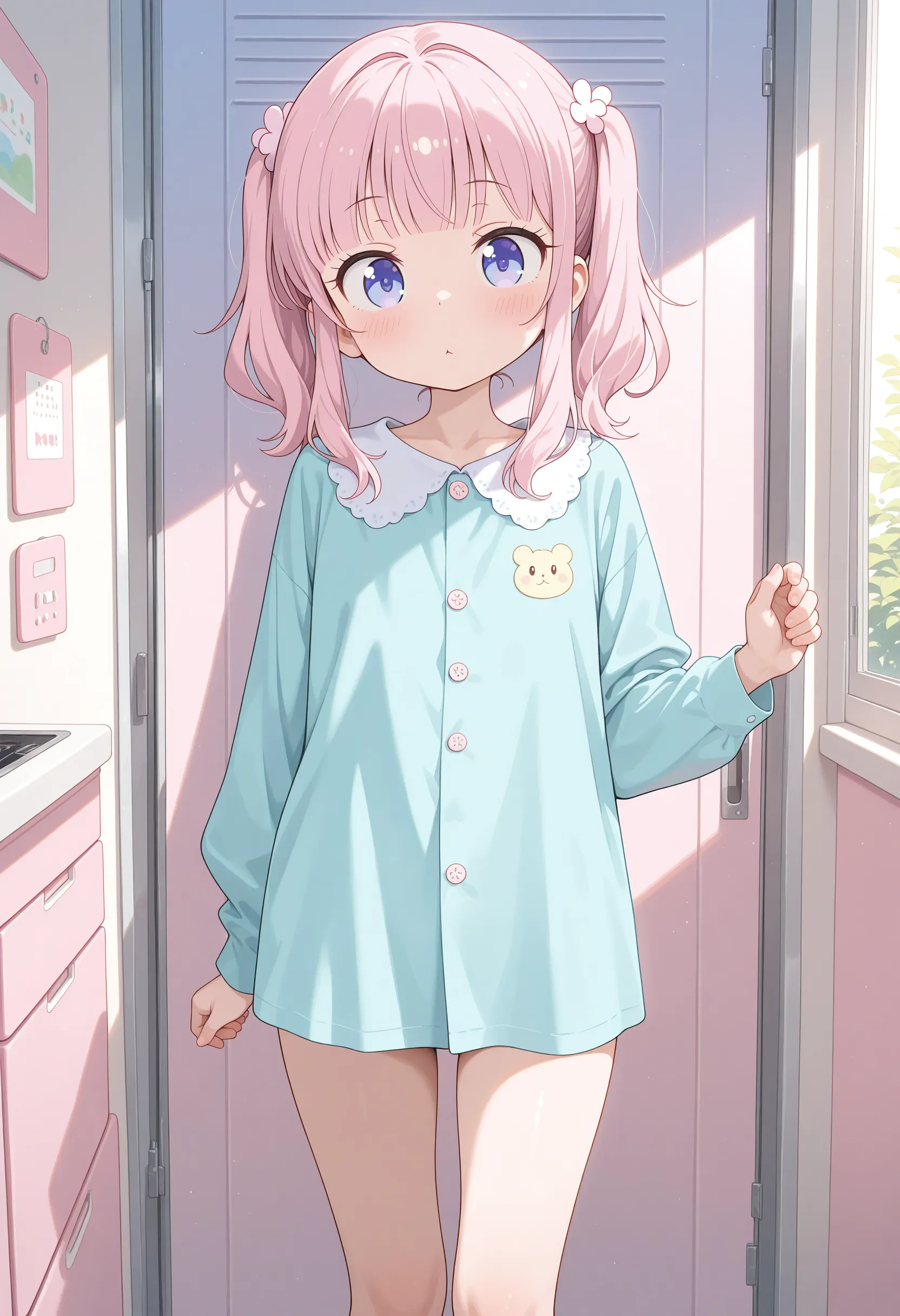 cute girl with short pink hair with bangs, wearing a white shirt and pink shorts, walking out the bedroom door, not looking at the camera, 8k