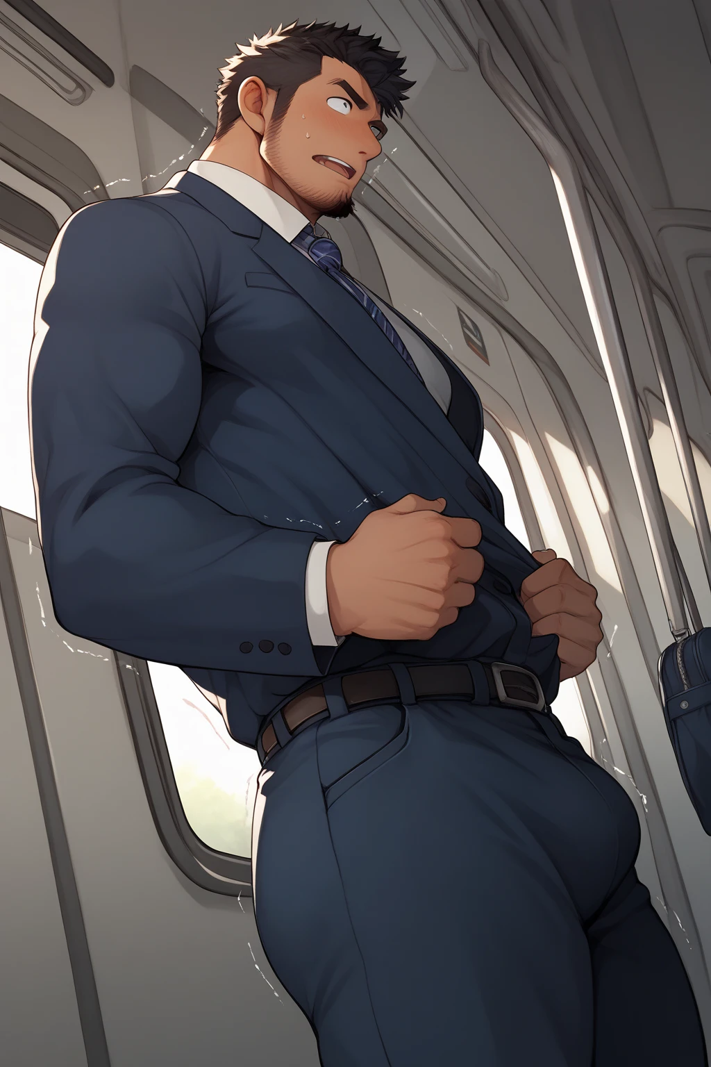 40-year-old boy ,Korean muscular male executive navy pinstripe work uniform shirt, wearing tie................ white transparent sexy man thong only..... dripping on body and pants....................,legs wide open, legs on shoulder, missionary POV, men in suffering and drooling, drenching sweet, hairy ass, man ass, bulge dripping ..... all soaked wet