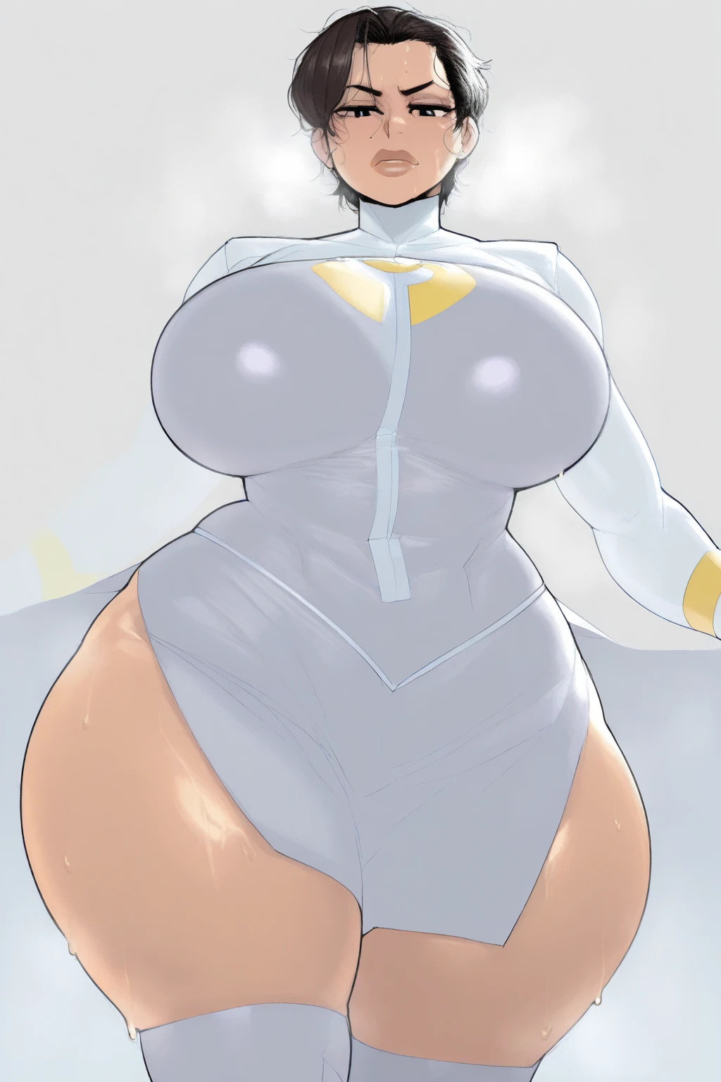 1girl, bodysuit, white bodysuit, cape, mask, blonde hair, very short hair, smile, huge breasts, thick thighs, pantyhose, mature female, toned,