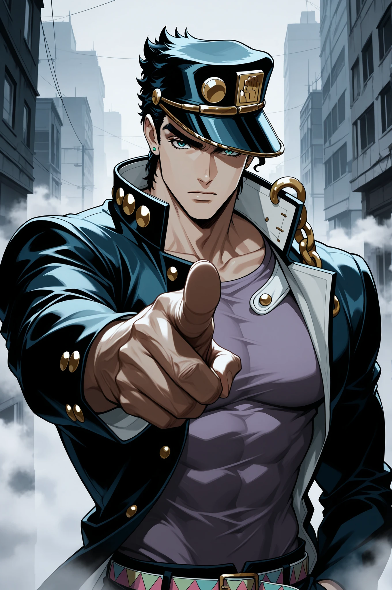 kujo jotaro,male focus,frowning,pointing at viewer,((grey filter)),fog,small city,manly,handsome, masterpiece, best quality,detailed face