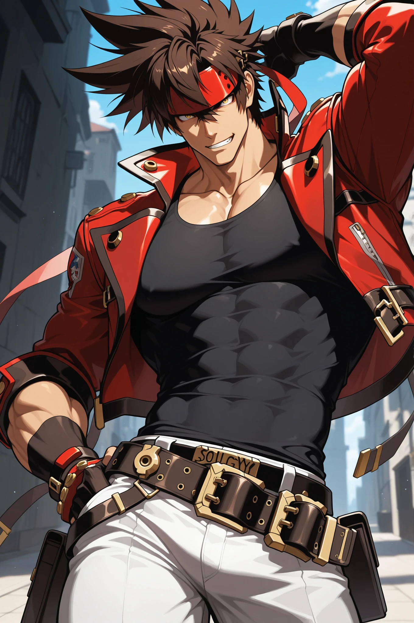 masterpiece, best quality, absurdres, newest, very aesthetic, amazing quality,highres, 1boy, male, Sol Badguy, brown hair, gold eyes, black vest, red jacket, belt, headband,ultra-detailed, intricate details