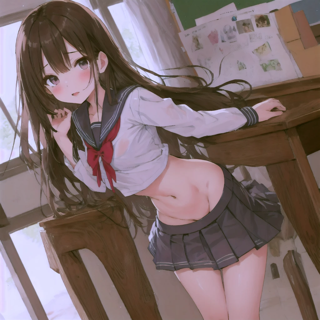 female teacher(36 years old、Brown Hair、tall)and female student(12 years old、Black Hair、Flat Chest)、Frightened look、White underwear