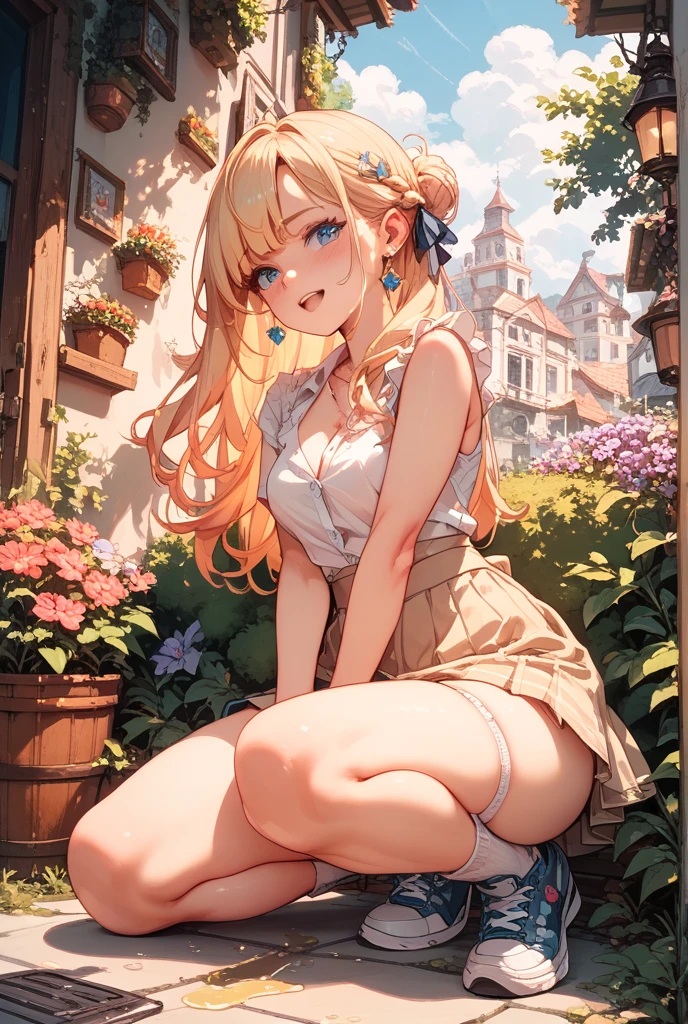 In a bustling marketplace, the Giantess Goddess with amber gold skin and obsidian black eyes moves among stalls overflowing with goods. Her hair, a cascade of golden threads, catches the sunlight. Merchants and shoppers hurry about, the rhythm of their lives disrupted as she casually reaches down to pluck a few from the crowd. They cry out in surprise, their protests barely registering as she holds them up to her face, their voices a soft murmur against her palm before she sets them down gently, their hearts racing with wonder.
