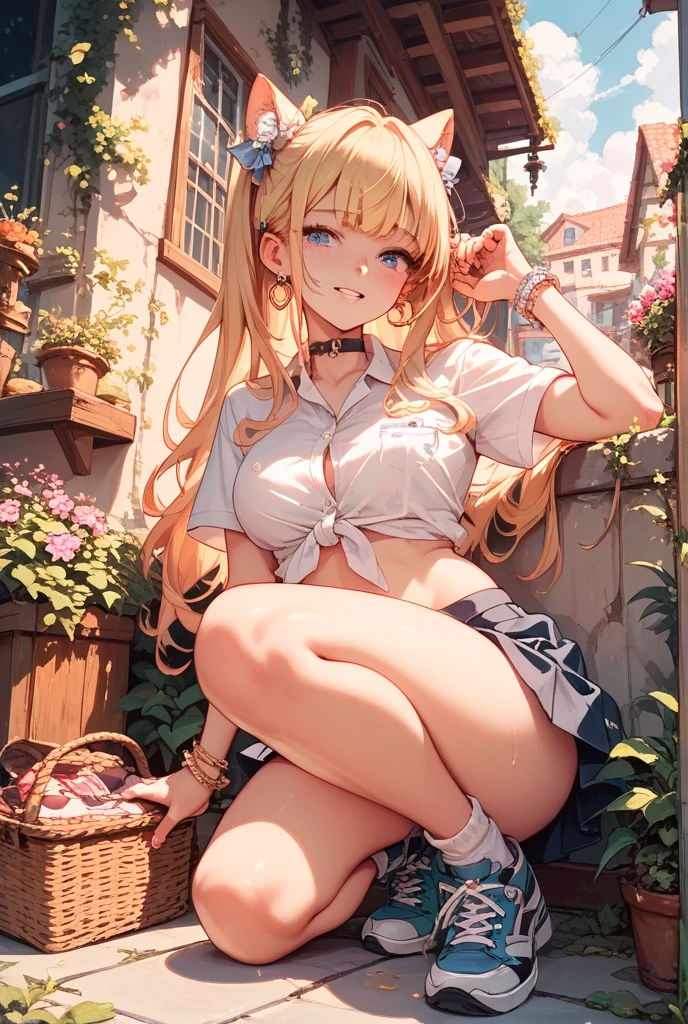 ((topless)), nsfw, masterpiece, 1 girl, erect nipples, nipples, navel, necklace, skirt, smiling, hair ornament, bare breasts, bare stomach, sweaty, cowboy shot, small breasts, puffy nipples, hair ribbon, texts, bare arms, collarbones, blonde, flower crown, smiling, petite, flat chest, blue eyes, scottish skirt, small breasts, child, apple basket, farm, alpine, temperate, nude, slim waist