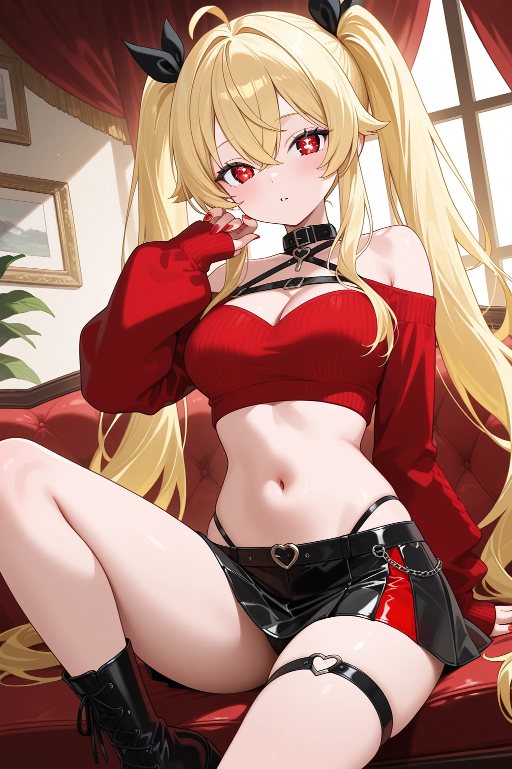 young girl, longue blonde hair, high ponytail, cat ears, violet eyes, red leather jacket, briefs, open belly, open breasts, tattoo, Scars, smirk, cigarette, Masterpiece, hiquality