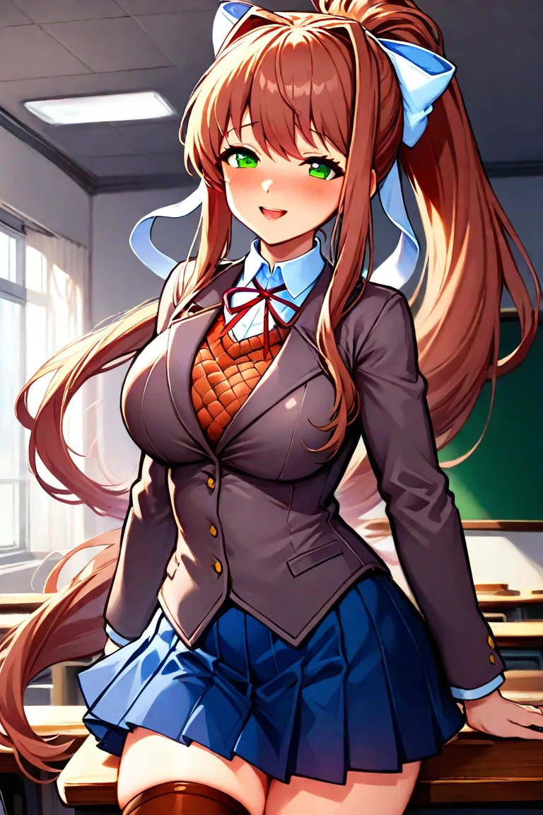 Masterpiece, high quality, best quality, beautiful, HD, perfect lighting, detailed face, detailed body, ultra cute face, cowboy shot 1.5, ((1girl)), ((solo)), cute pose, (Monika),
brown hair, green eyes, very long hair, ponytail, (white bow), blazer, brown sweater, collared shirt, neck ribbon, blue skirt, school classroom, looking at viewer, (blush),
sweet smile, affectionate, medium breasts, perky breasts, wide hips, (thick thighs), arms behind back,